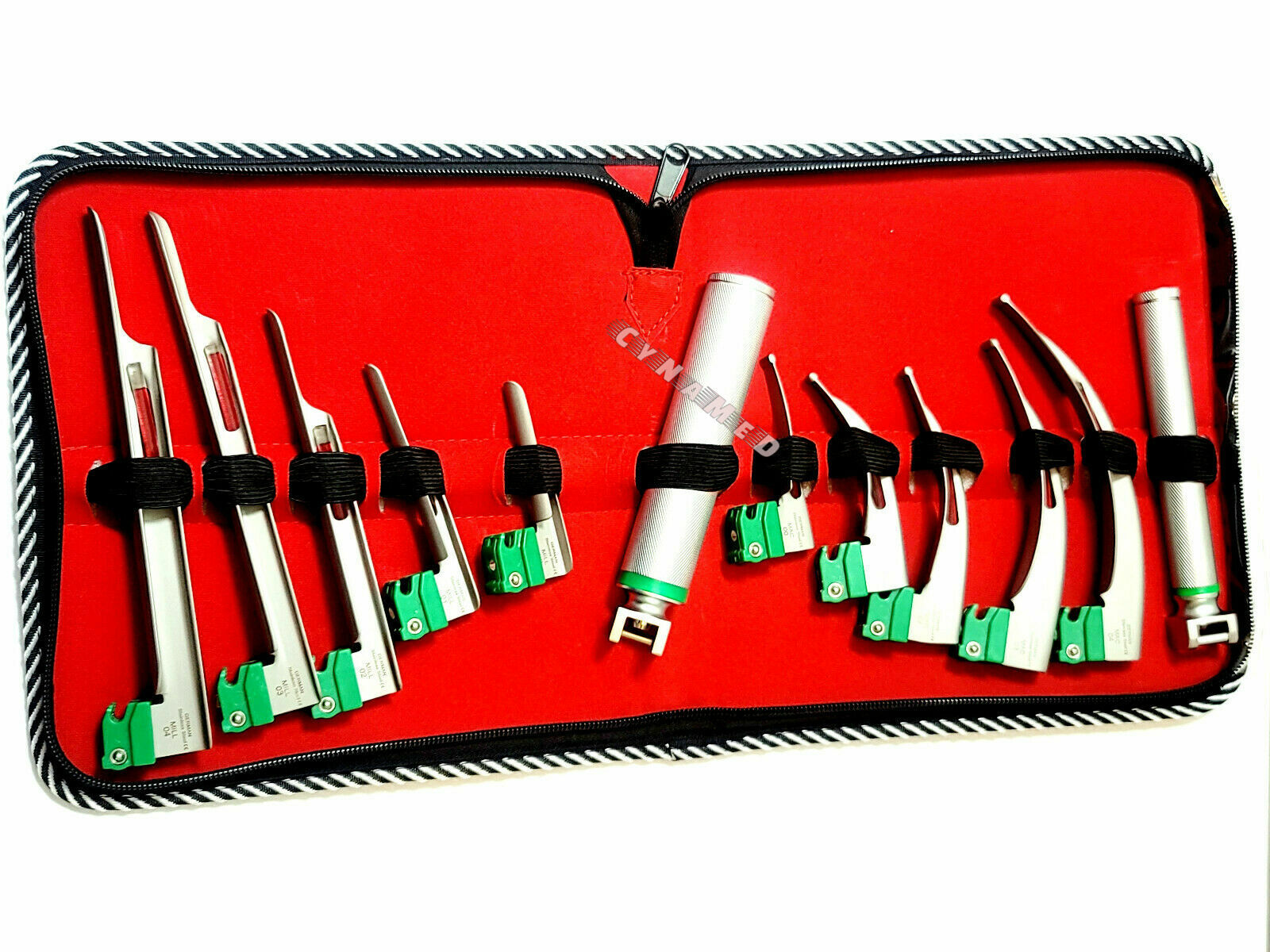 SET OF 10 FIBER OPTIC MAC & MILLER LARYNGOSCOPE BLADE+2 HANDLE INTUBATON kit