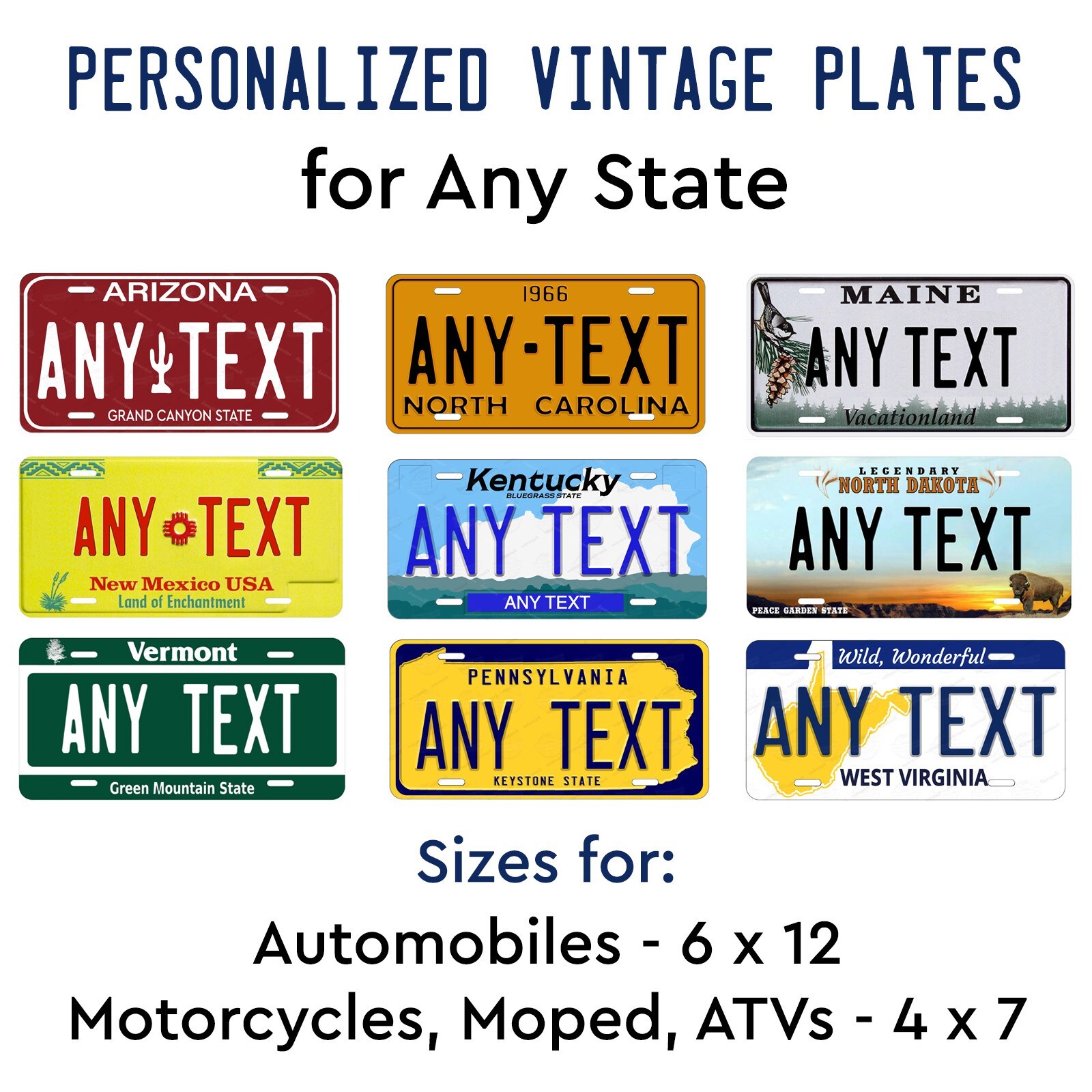 Personalize Custom License Plate Tag Any State Auto Car Motorcycle ATV Moped etc