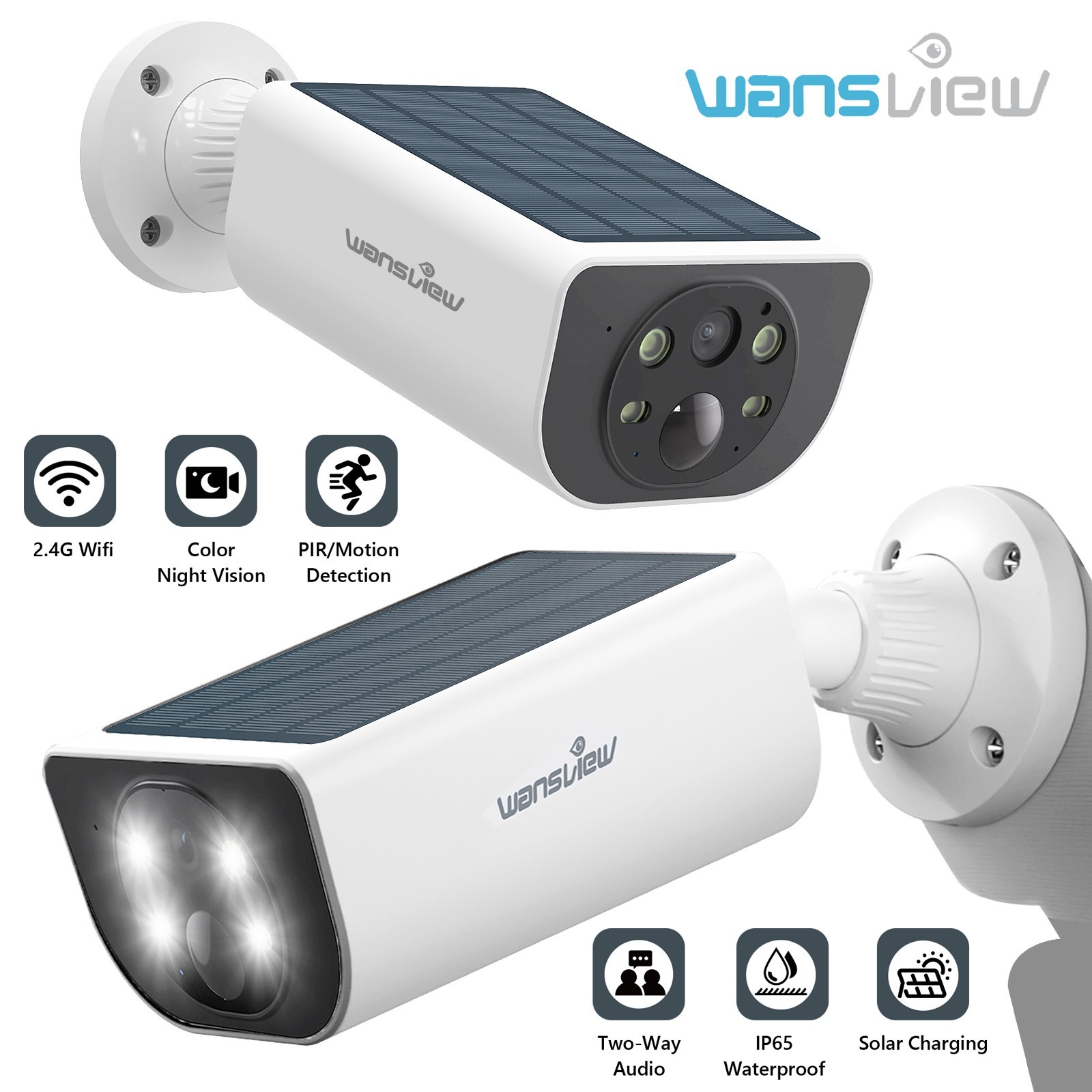 2 Pack Wansview 2K 3MP Solar Camera Outdoor Wireless 2.4Ghz WiFi Human Detection