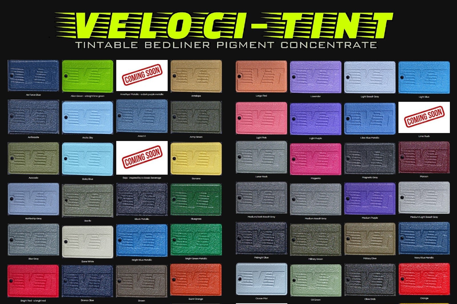 SAMPLE CARD ONLY Veloci-TINT Tintable Bedliner Pigment Concentrate Sprayed Color