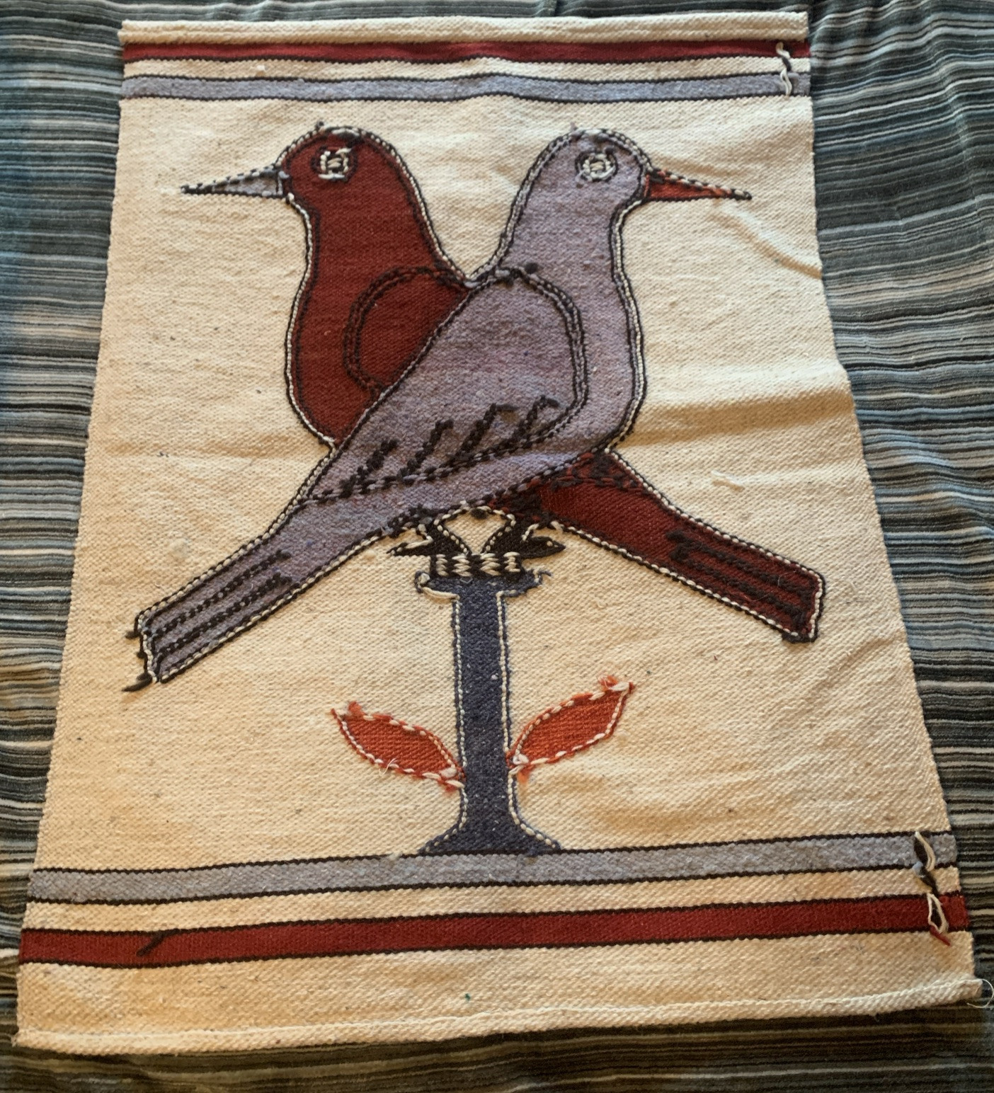 Vintage Peruvian Hand-Woven Wool BIRD Tapestry Wall Hanging 21.5 X 29.5”