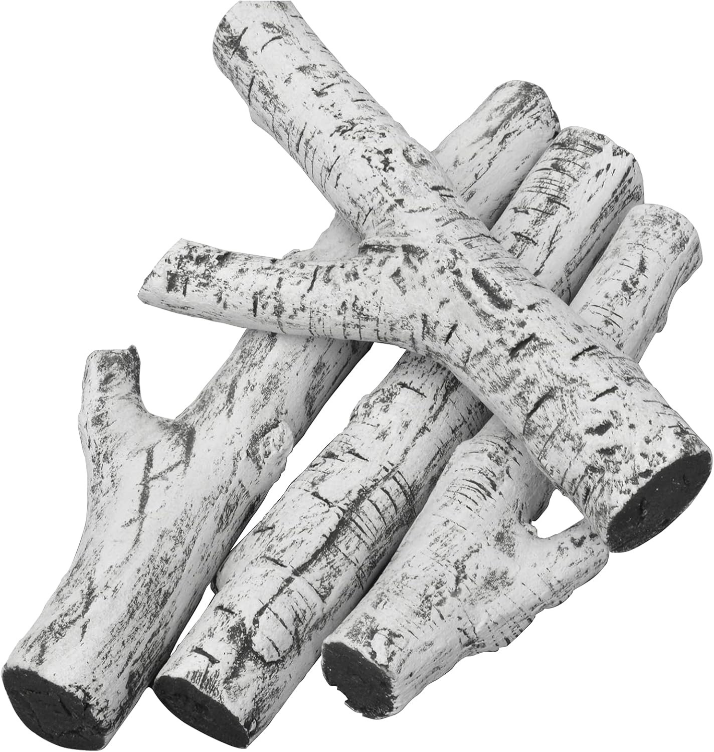4 Piece Set of Ceramic White Birch Wood Gas Log for All Types of Ventless, Gel,