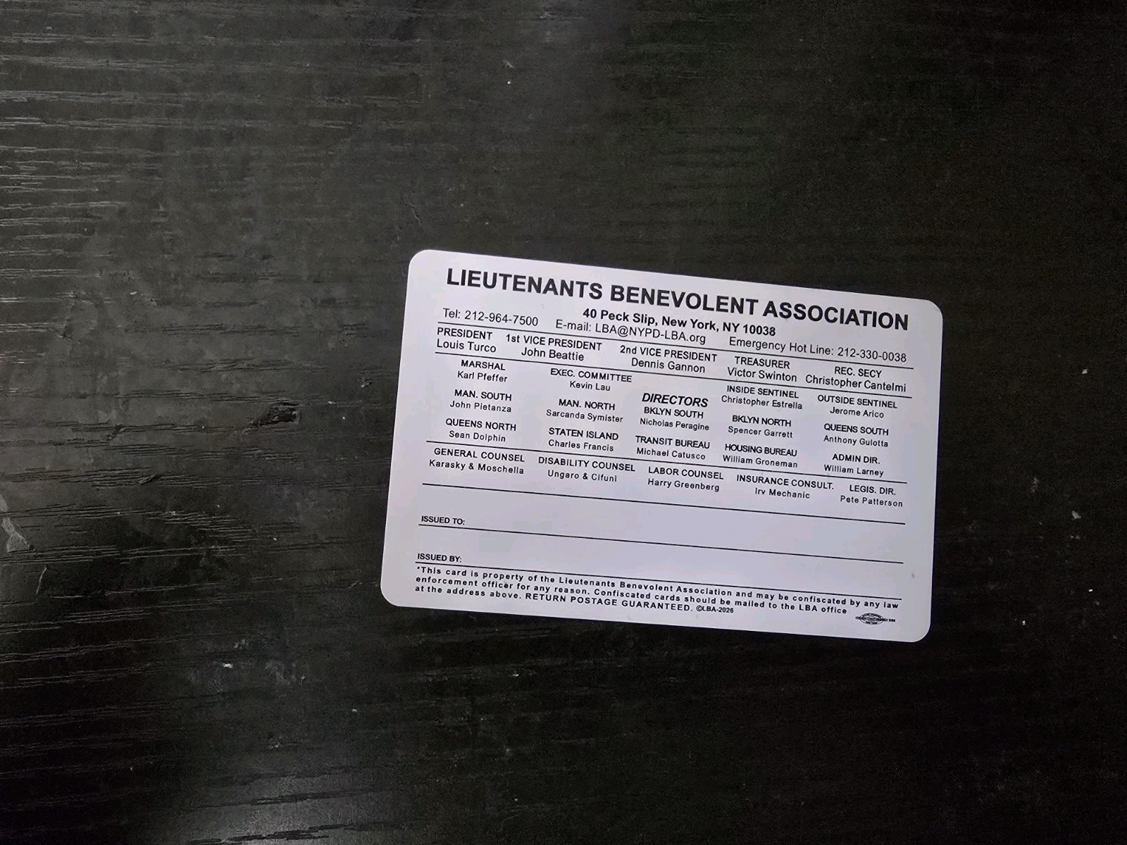 Lieutenant LBA Card Not PBA Twenty Twenty Six Geniune Mint Condition Unsigned.