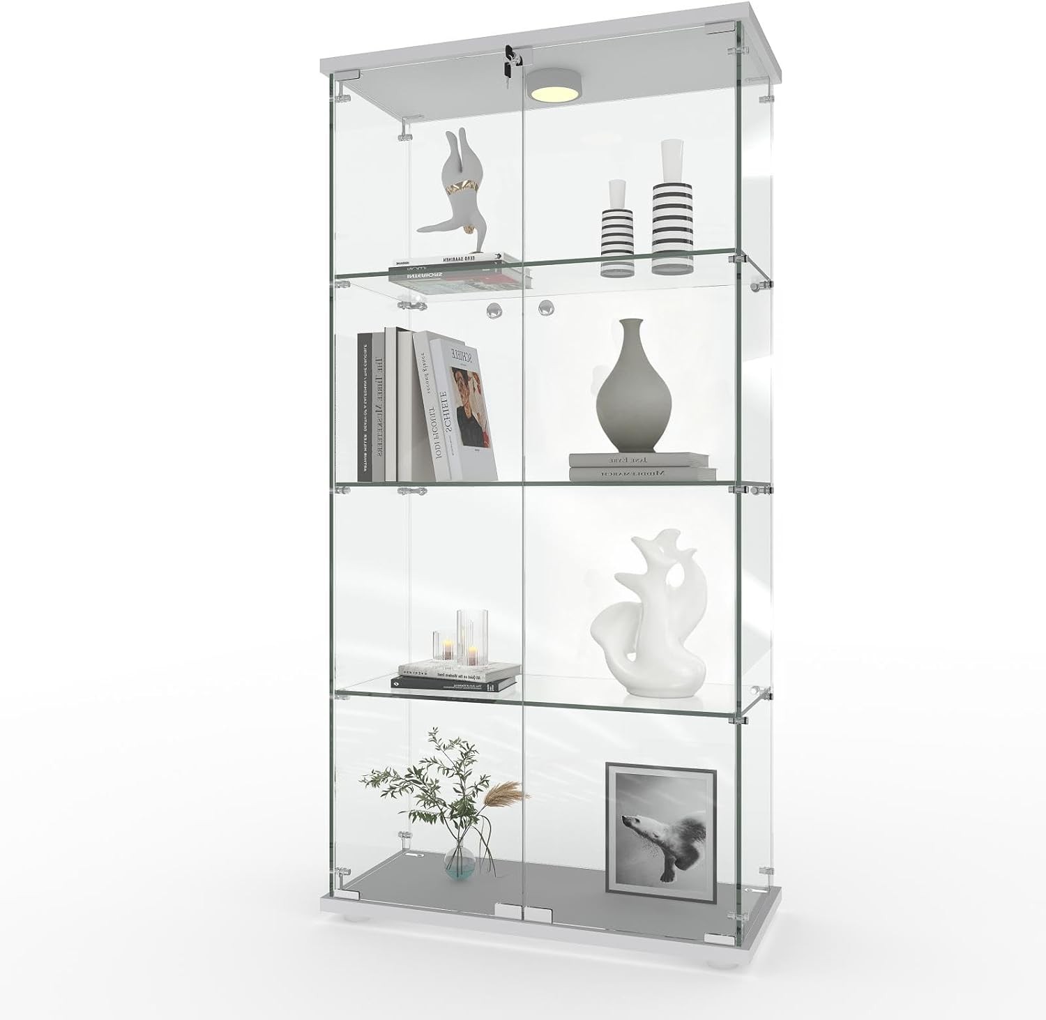 4 Shelves Display Cabinet, Tempered Glass Curio Showcase with LED Light & Lock