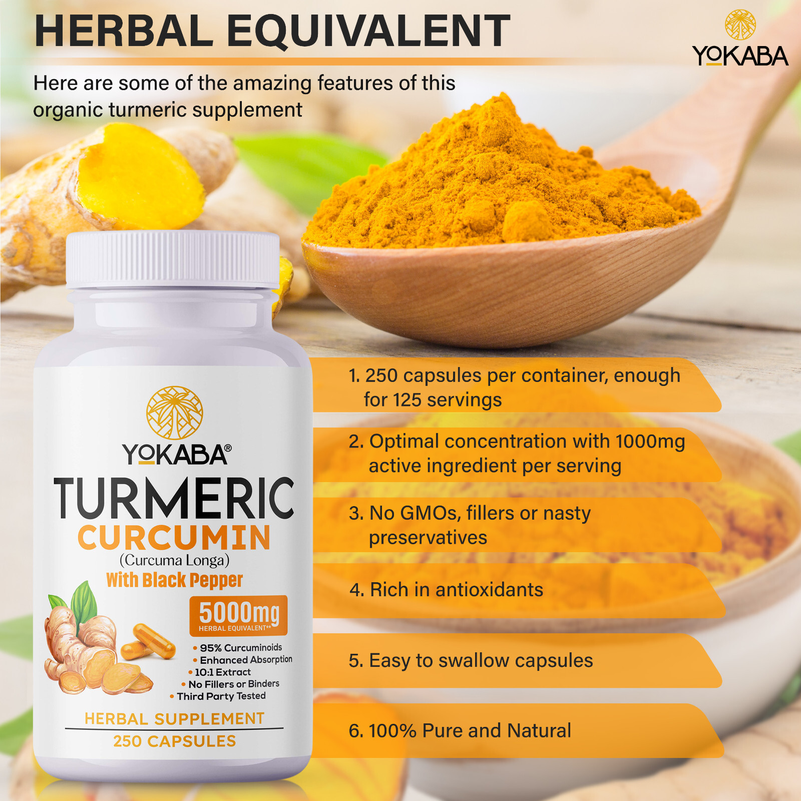 250 Capsules Turmeric Curcumin 5000mg Herbal Extract with BioPerine by YOKABA
