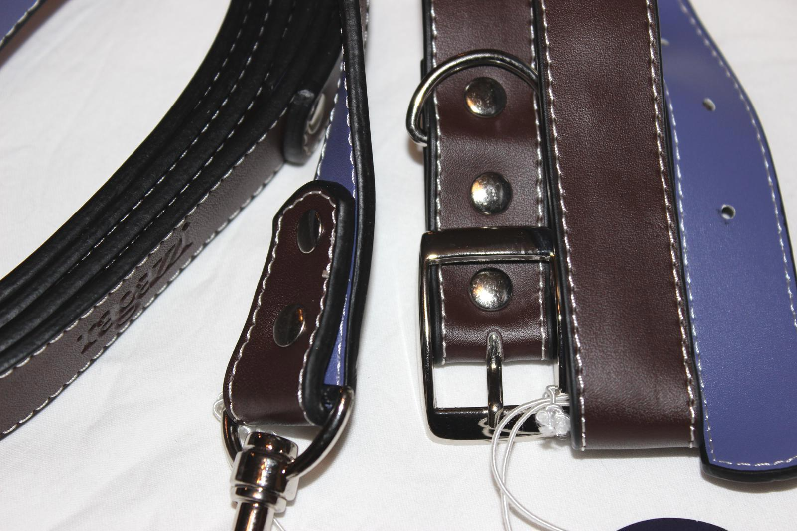 RAGAZZI LIFE CHIC LEATHER LEASH 6ft x 1" BROWN PURPLE + 22" COLLAR GENUIN LEATHR