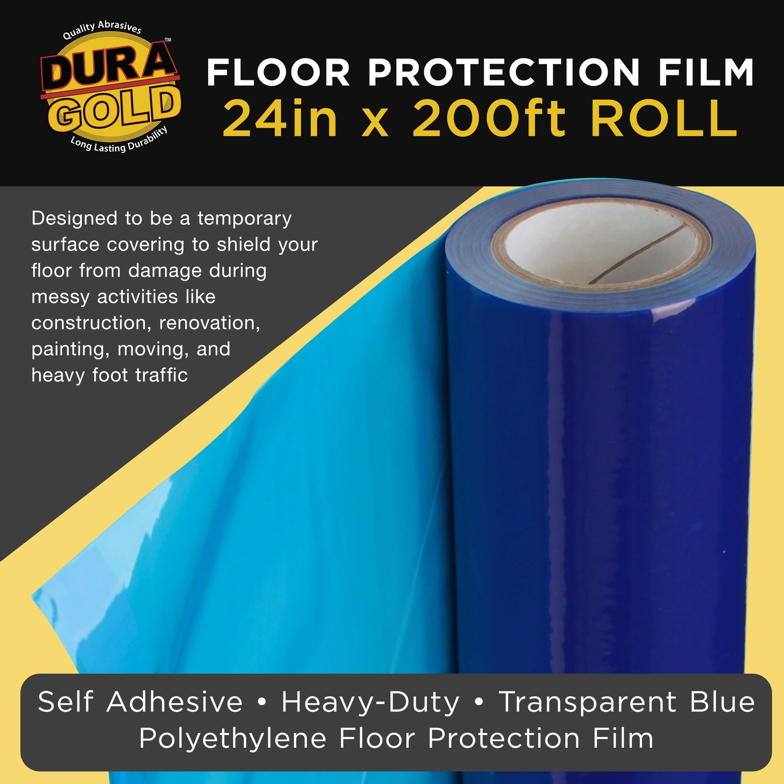 Floor Protection Film, 24" x 200' Roll - Self Adhesive Cover, Paint Spills, Dust
