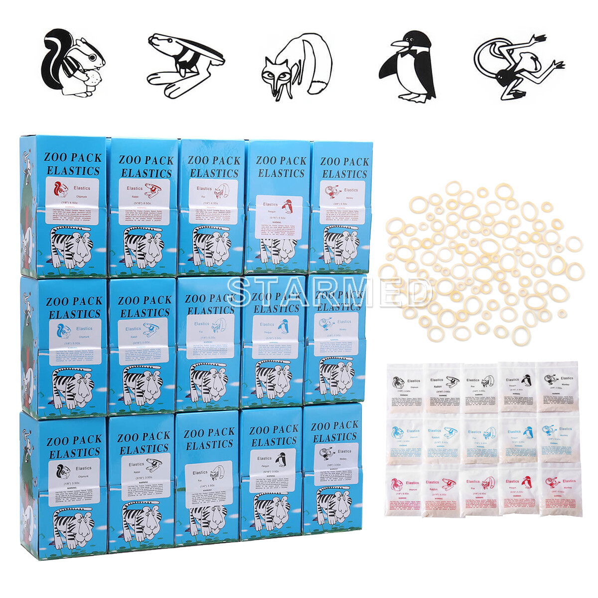 5000pcs Dental Ortodoncia Látex Elásticos Bandas Elásticas Zoo Pack 1/8 3/16 1/4