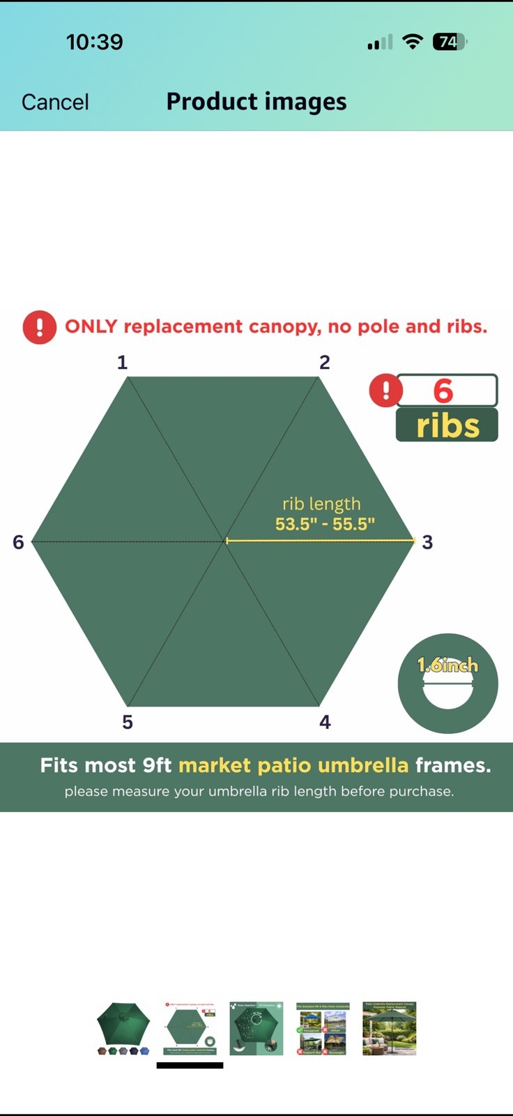 9ft Patio Umbrella Replacement Canopy top cover 6 ribs Waterproof UV