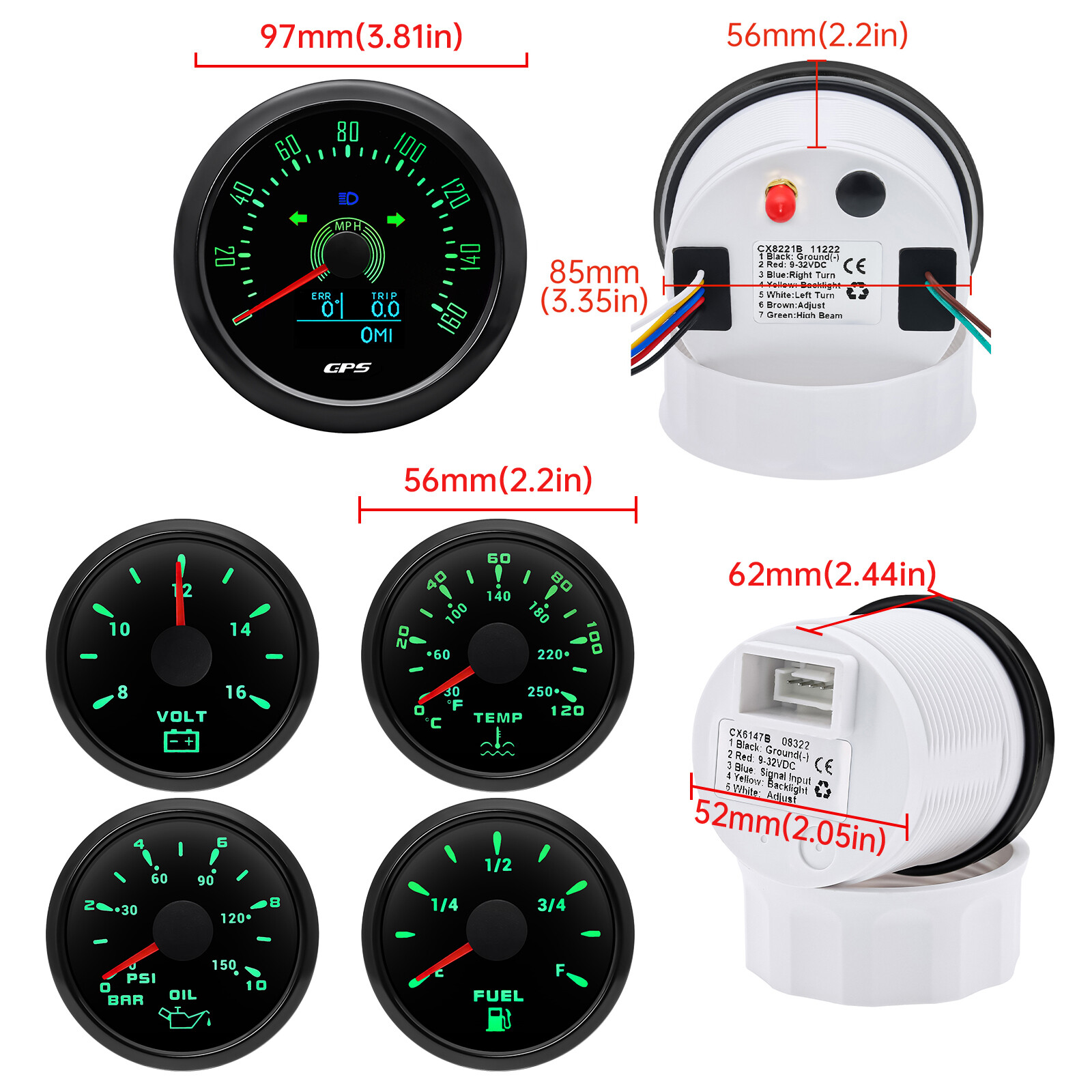 6 Gauge Set 85mm GPS Speedometer 160MPH Tacho&52mm Fuel/Oil/Temp/Volt Gauge US