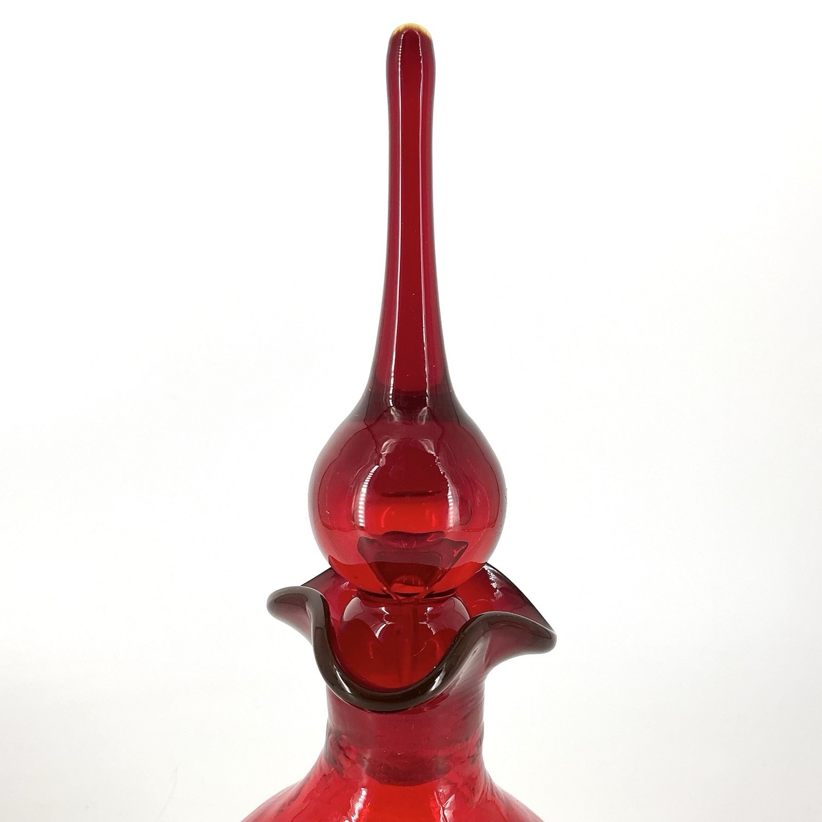 Vintage Rainbow Crackle Glass Decanter With Flame Stopper Pinched Amberina Red