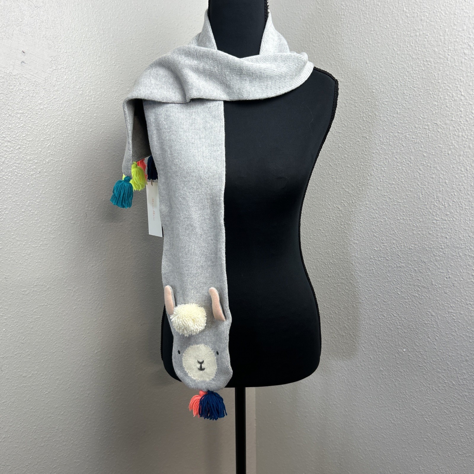 NWT Meri Meri Organic Cotton Scarf Gray Lama Bright Tassels Kids 3+ Fun Cozy