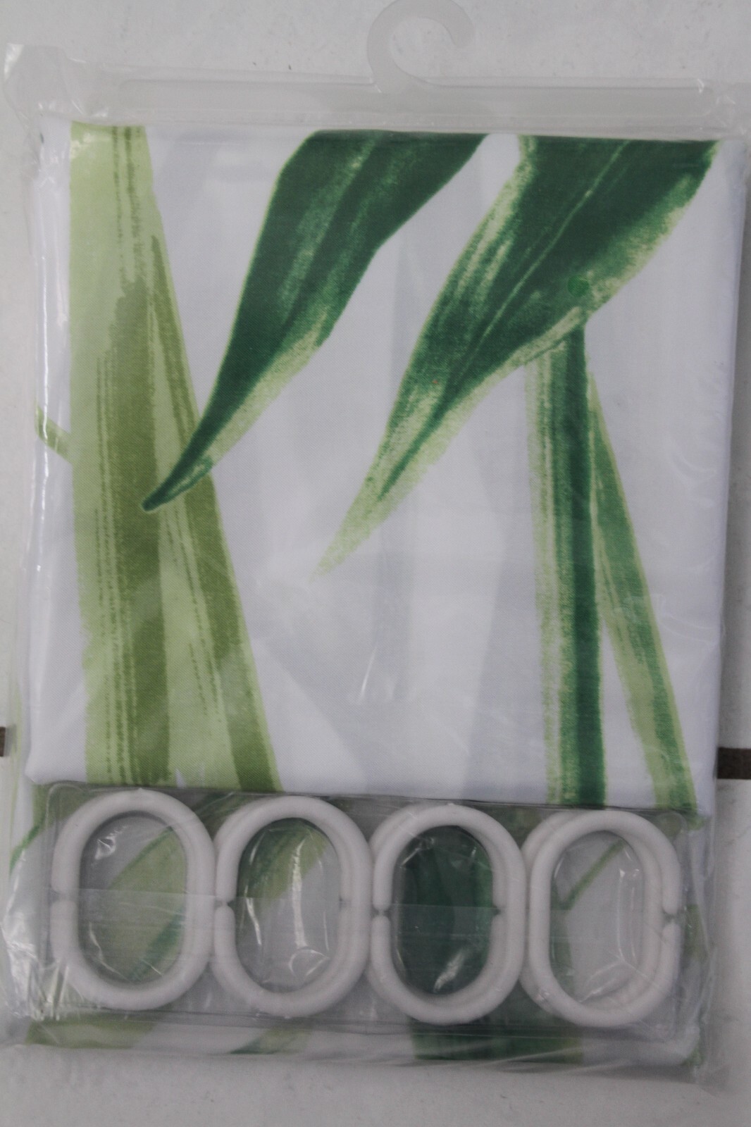 Shower Curtain Asian Bamboo Pattern Print Green & White 69LX69.5" w/ 12 Hooks