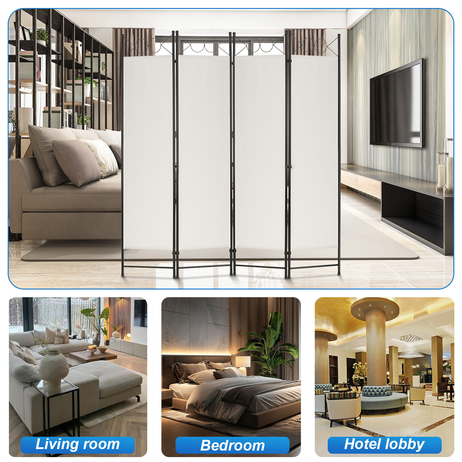 4 Panel Room Divider 6FT Steel Frame Screen Folding Privacy Divider Freestanding