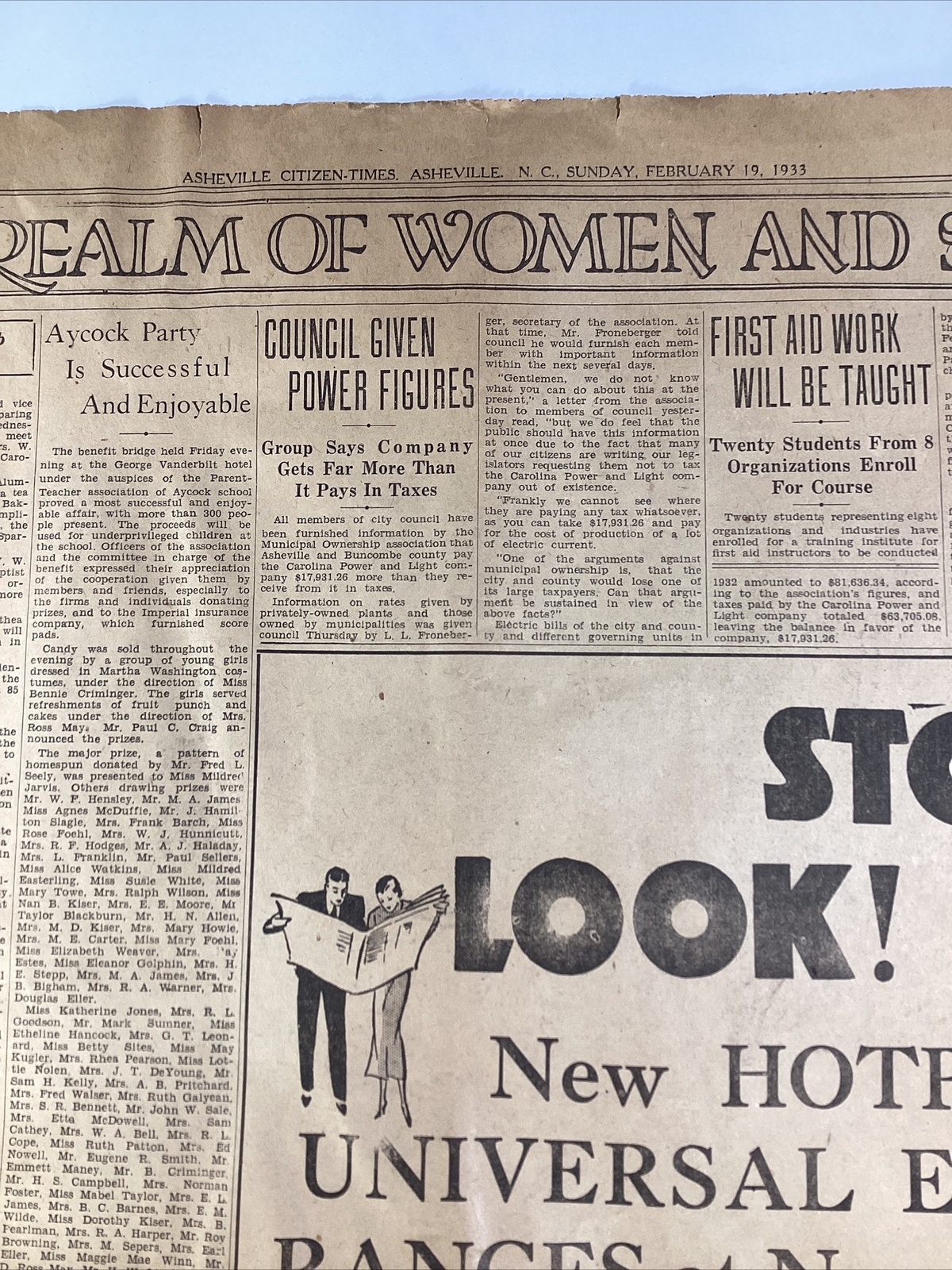 Ashville NC Newspaper Feb 19, 1933 Great Ads Women Miami Columns Carolina Power