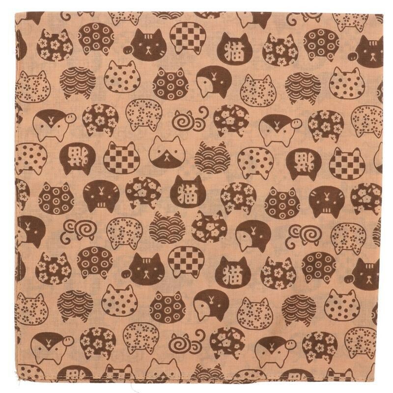 Japanese Furoshiki Wrapping Scarf Hand Cloth 19.75" Cotton Brown Kawaii Cat Face