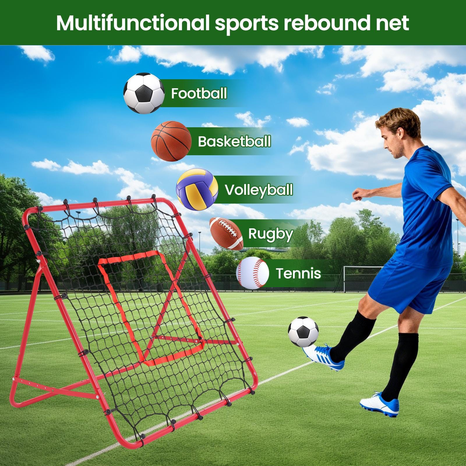 39x39" Baseball Rebounder Net, 5 Angles, Foldable Pitch Back Trainer w/ Stakes