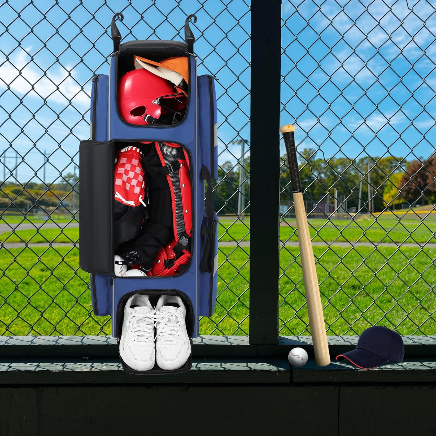 Catchers Gear Bag with Wheels, Soft Rolling Baseball Bag with Separate Shoe Comp