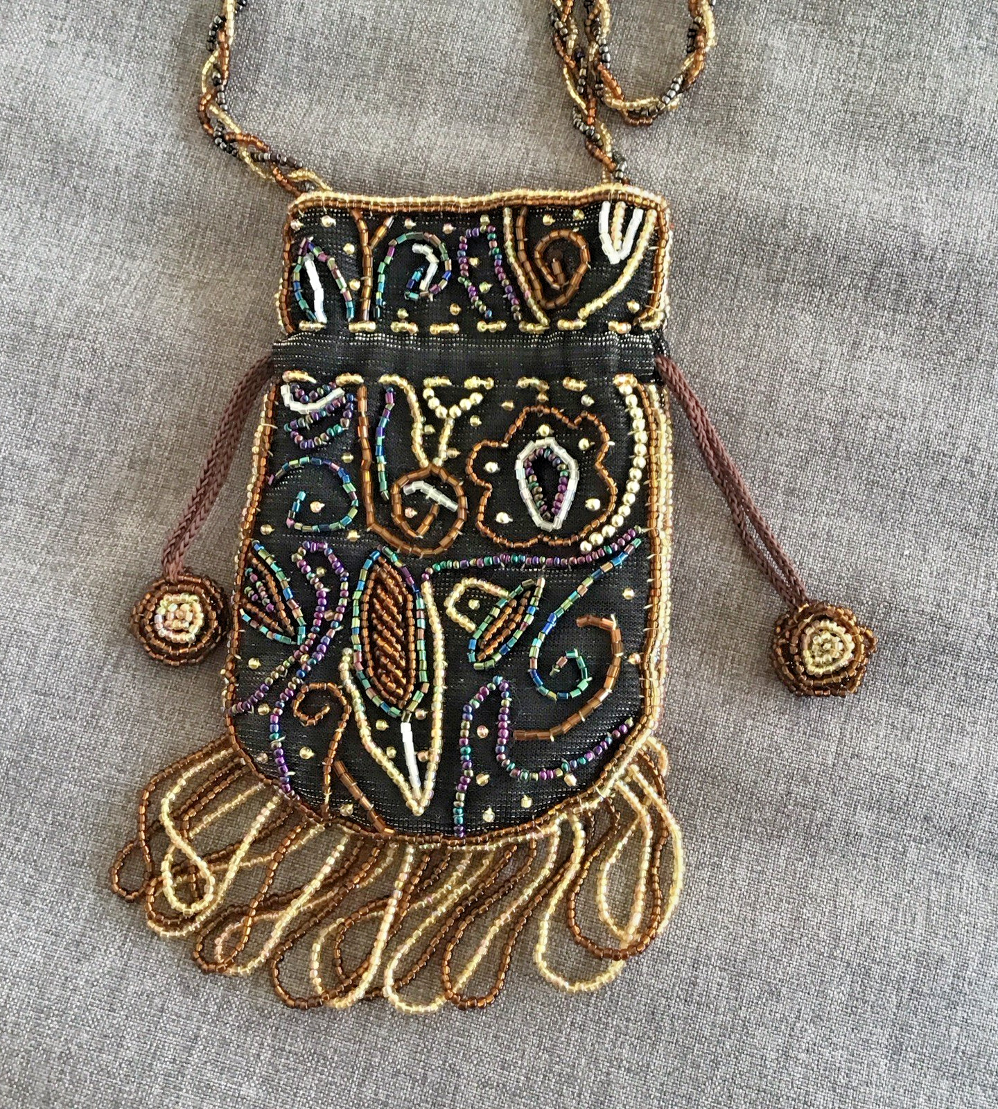 Flapper Boho Beaded Purse, VTG (1980-90s) Brown Small Pocket Purse - Never Used