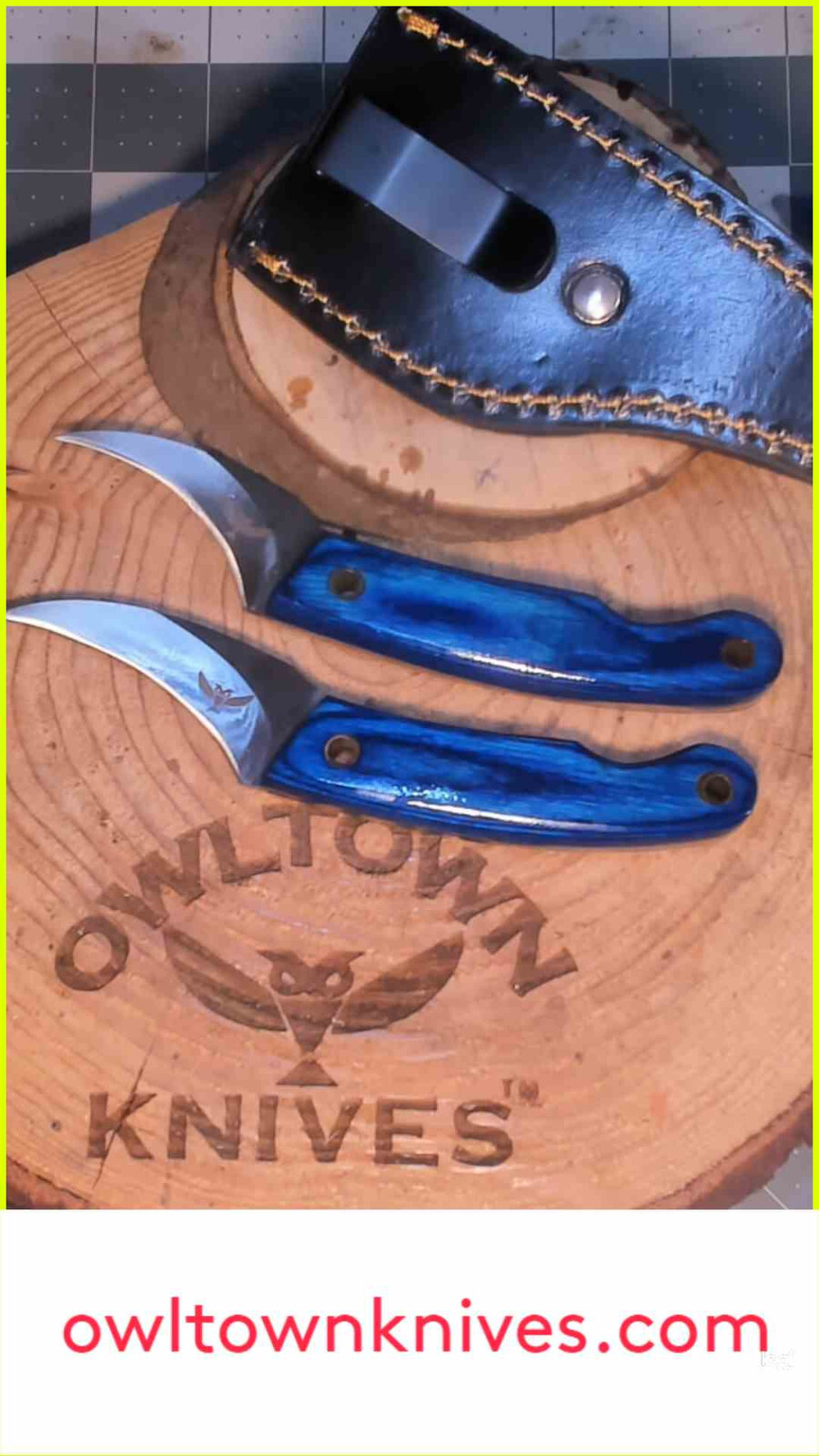 Owltown Pivia Moon Knife, Pikal, Elvia fusion 12c27 steel clip on leather sheath