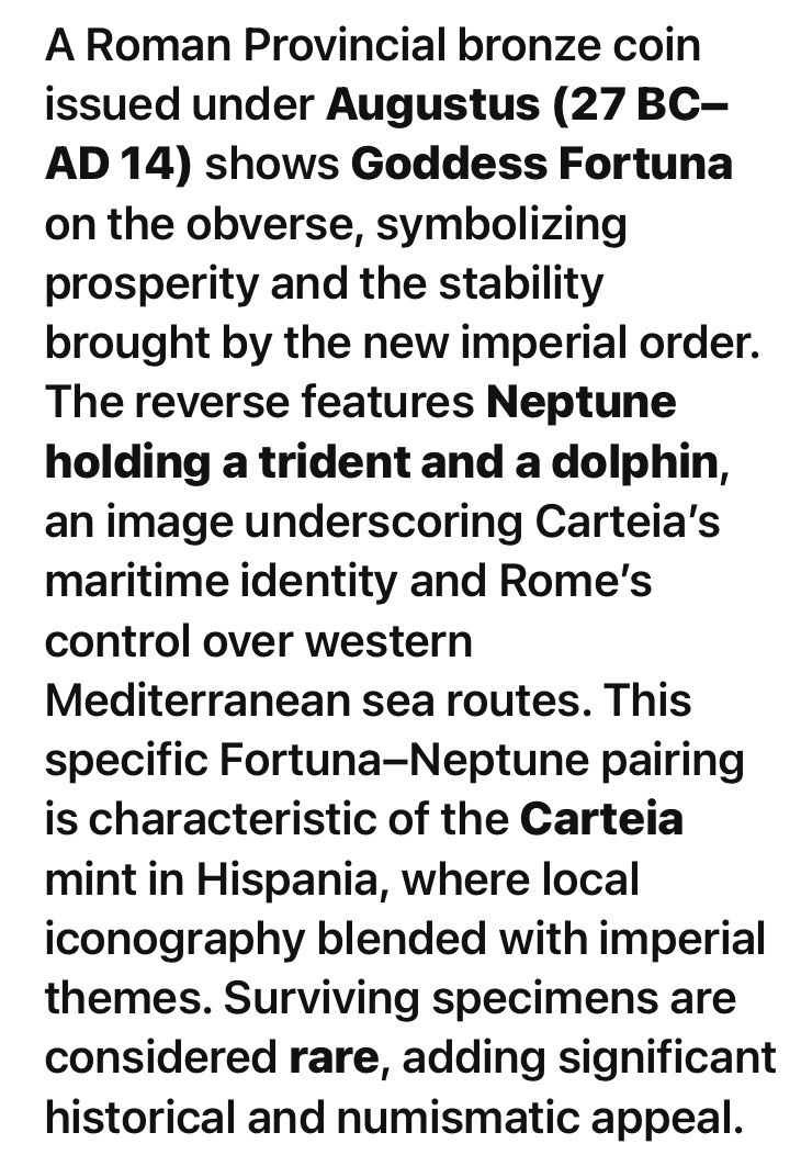 Neptune and Goddess Fortuna Roman Provincial 27BC-14AD Reign of Augustus Coin