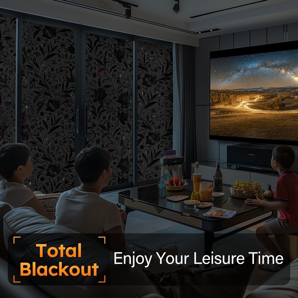 rabbitgoo Total Blackout Window Film Heat Blocking Stained Floral Glass Sticker