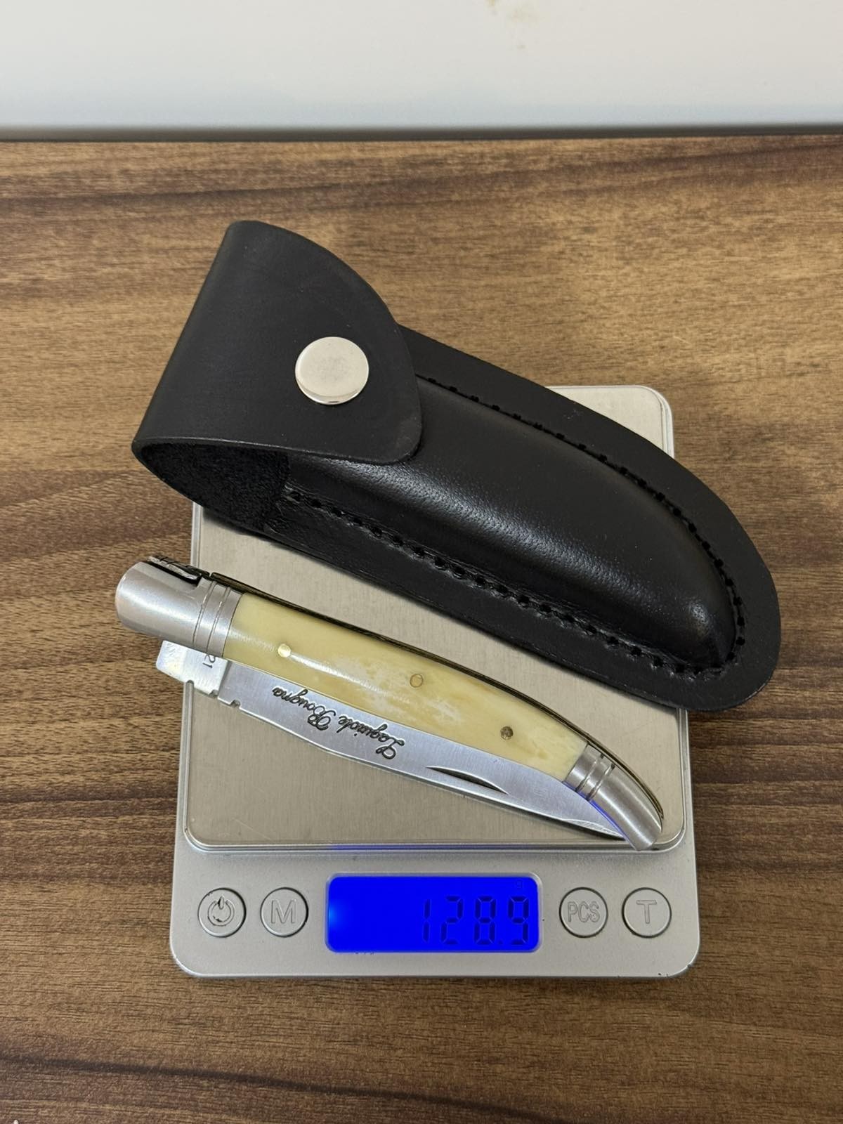 Vintage Laquiole Pocket Knife Blade Steel Antler Handle Leather Sheath Mens Rare