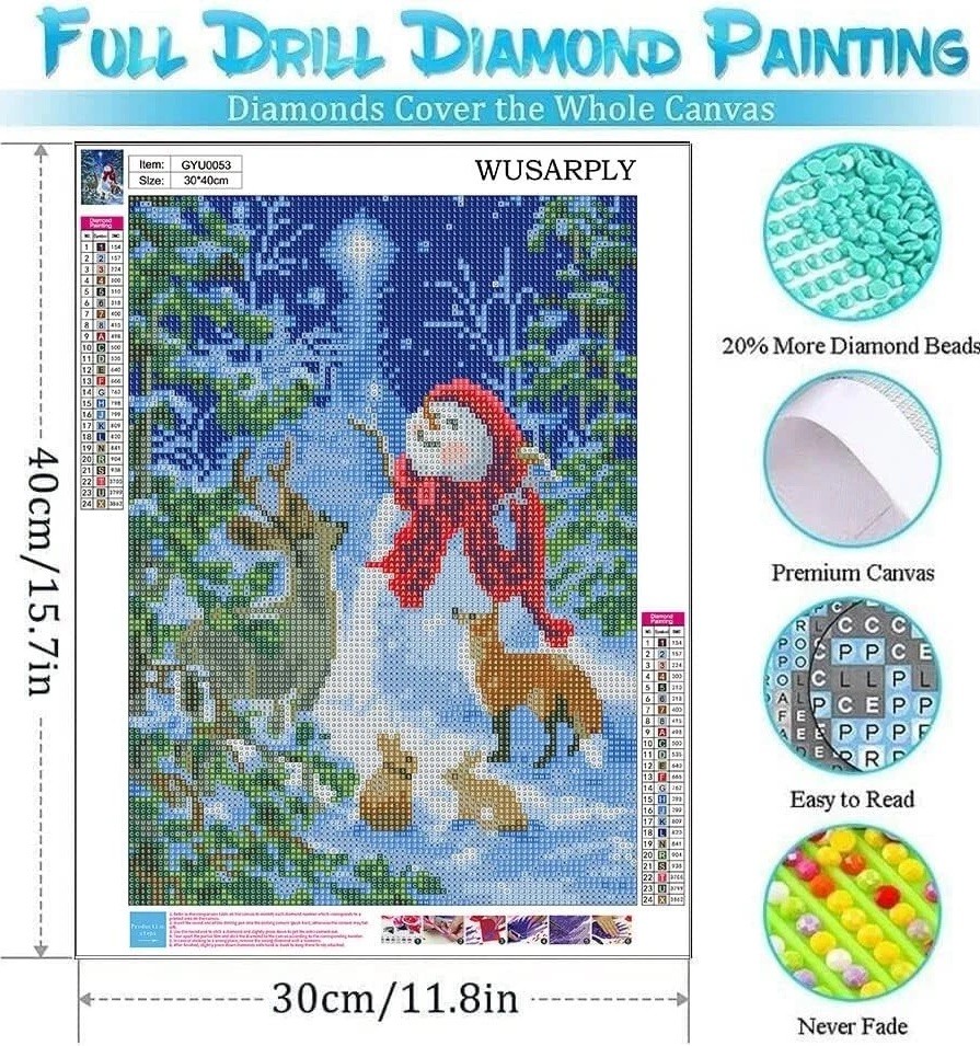 Diamond Painting Kit Snowman Winter Xmas Snow Dotz Forest Animals 12" x 16" Lg.
