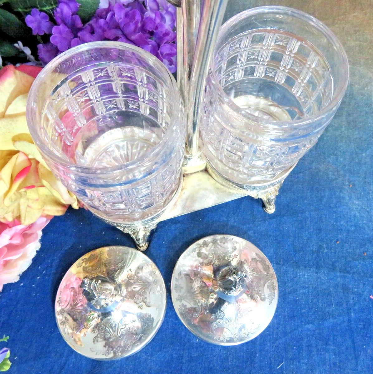 Pickle Castor silver plate frame Meriden B double EAPG jars Antique Victorian