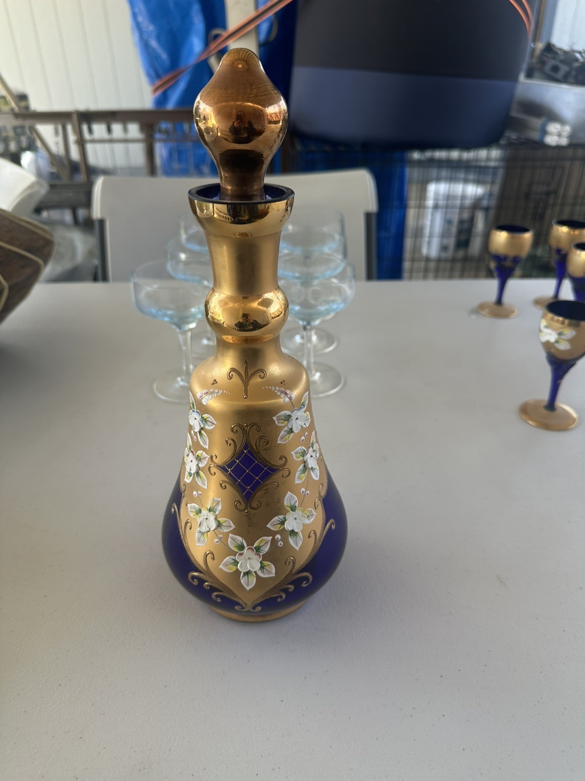 Antique Bohemian Moser Cobalt Blue Enamel Flowers  Decanter & 6 Glasses Set