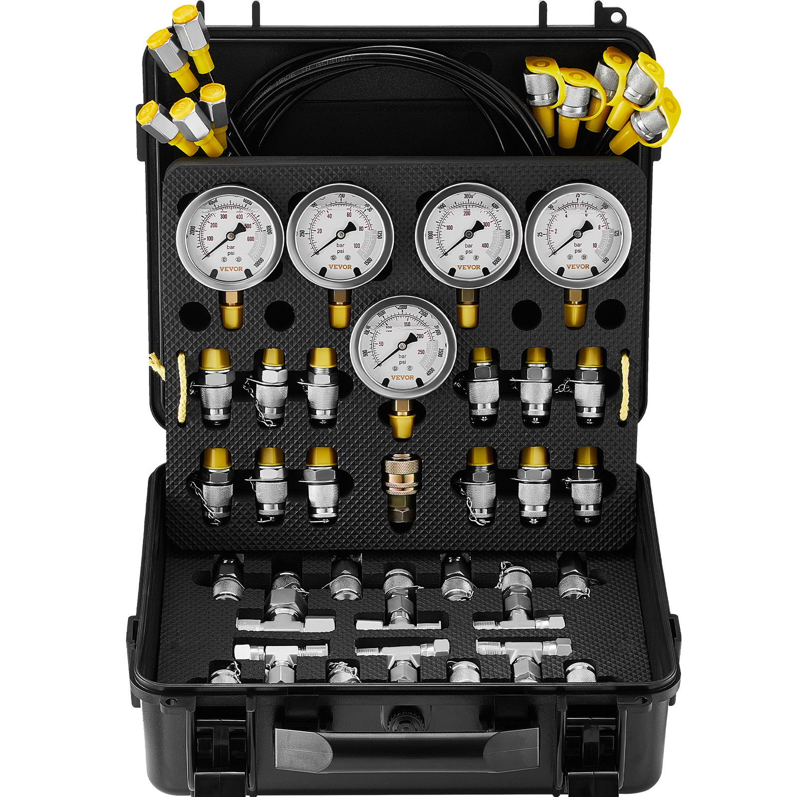 Hydraulic Pressure Test Kit 5 Gauges 13 Couplings 14 Tee Connectors 5 Hose