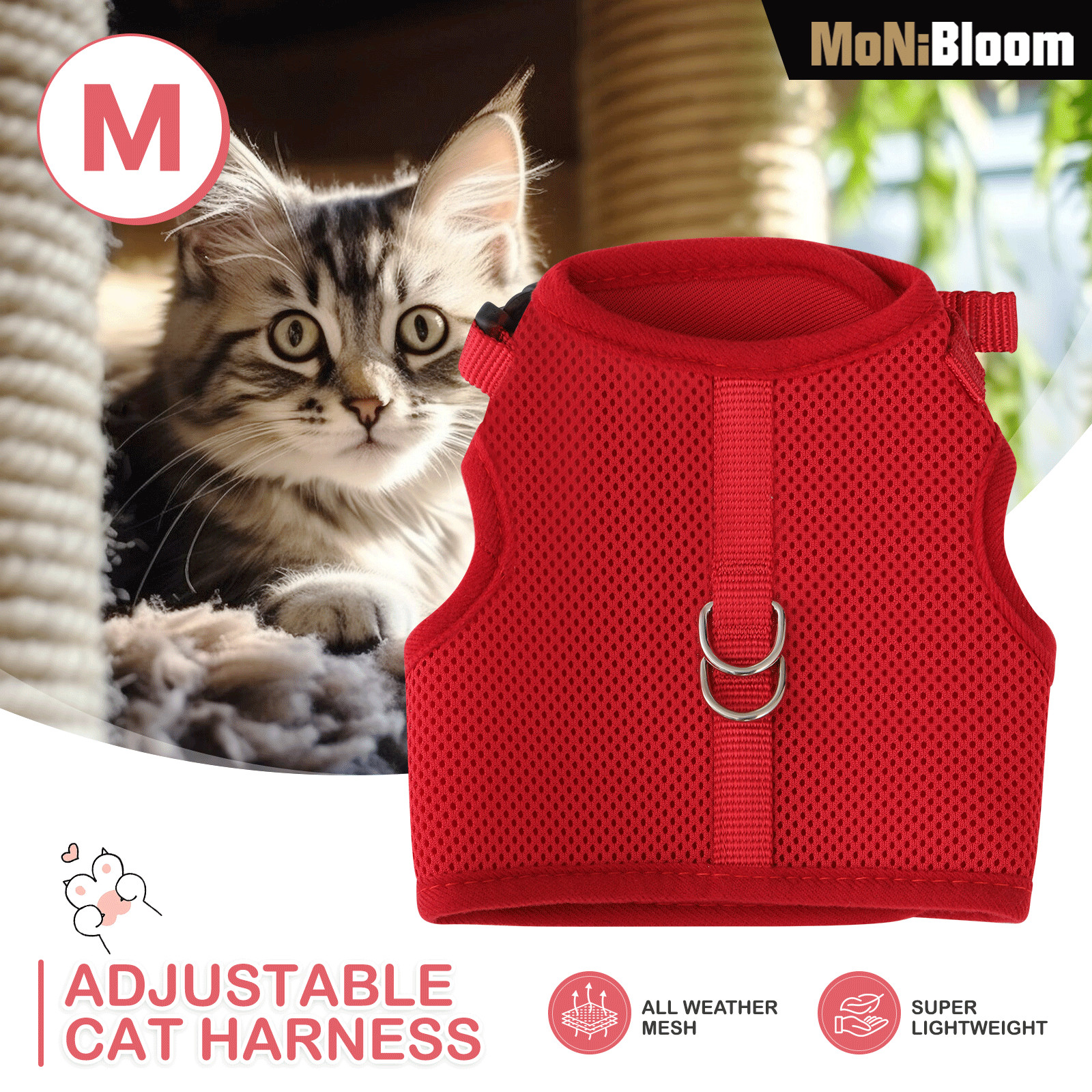 Breathable Mesh Cat Pet Harness Adjustable Escape Proof Jacket Chest Red Vest