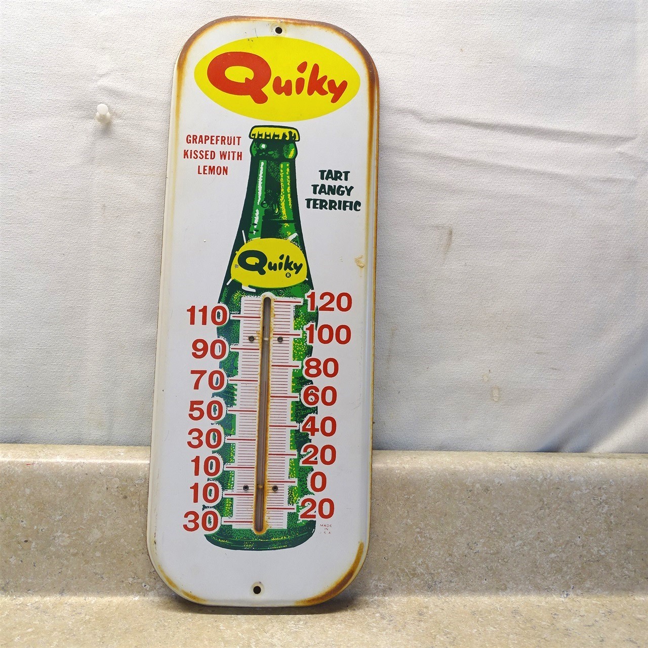 Vintage Quiky Lemon Thermometer Soda Pop, Original Metal, 16" Tombstone