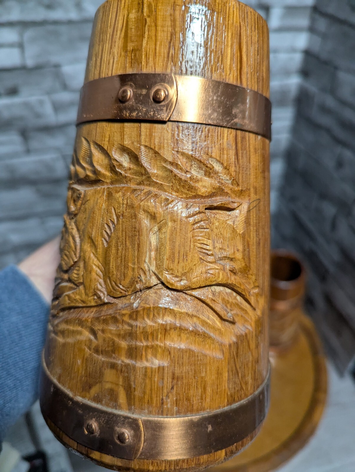 Vtg Set Of 5 Wood & Copper Beer Mug Stein Tankard Cups w/Tray Viking Bar Decor