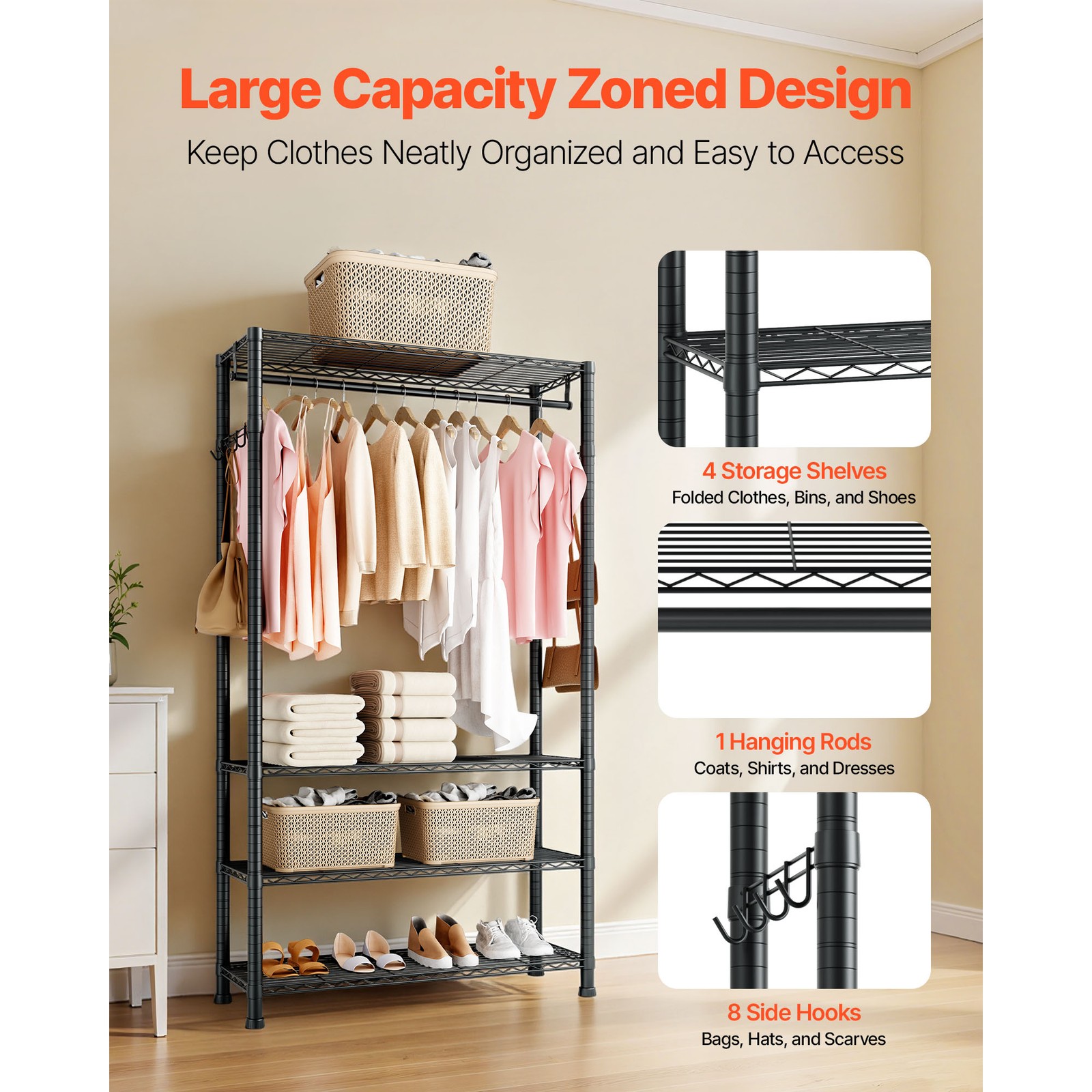 Uimoso 4-Tier Adjustable Height Garment and Closet Rack in Black
