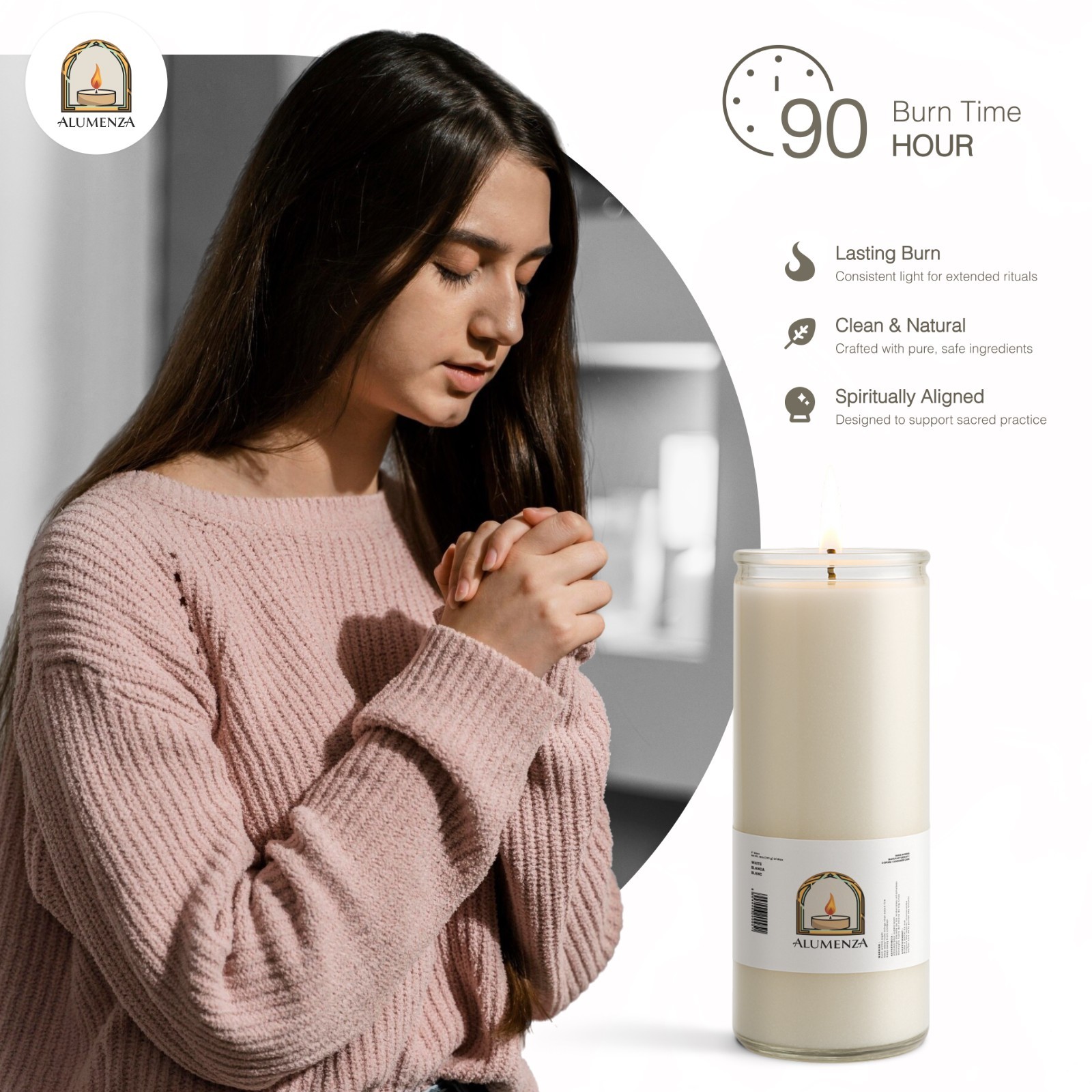 Alumenza 90 Hour Devotion Prayer Candles in Glass Jar Clean Burn Unscented