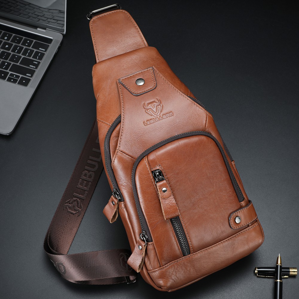 LEBULLBRO Men Sling Backpack Genuine Leather Chest Crossbody Travel Shoulder Bag