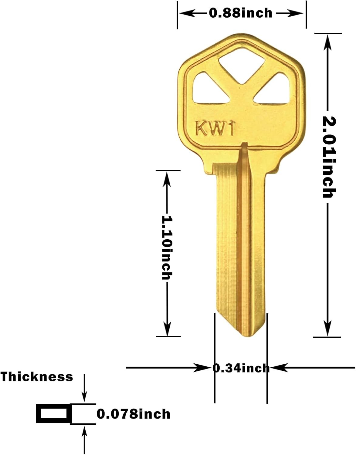 Brass Finish Key Blanks, KW1 Uncut Blank Keys, Pack of 50 Keys