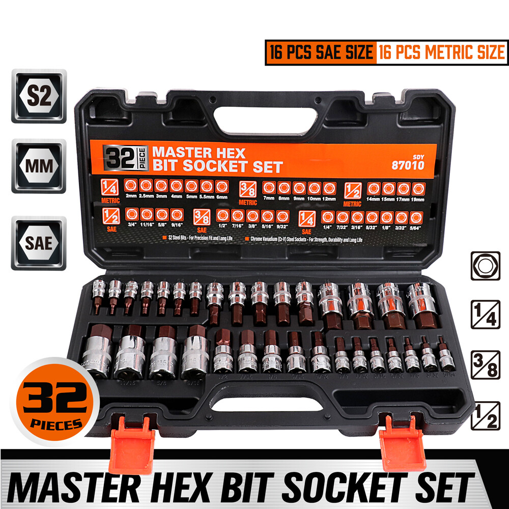 HORUSDY Hex Bit Socket Set 32PC SAE Metric 1/2" 3/8" 1/4" Driver S2 Steel W/Case