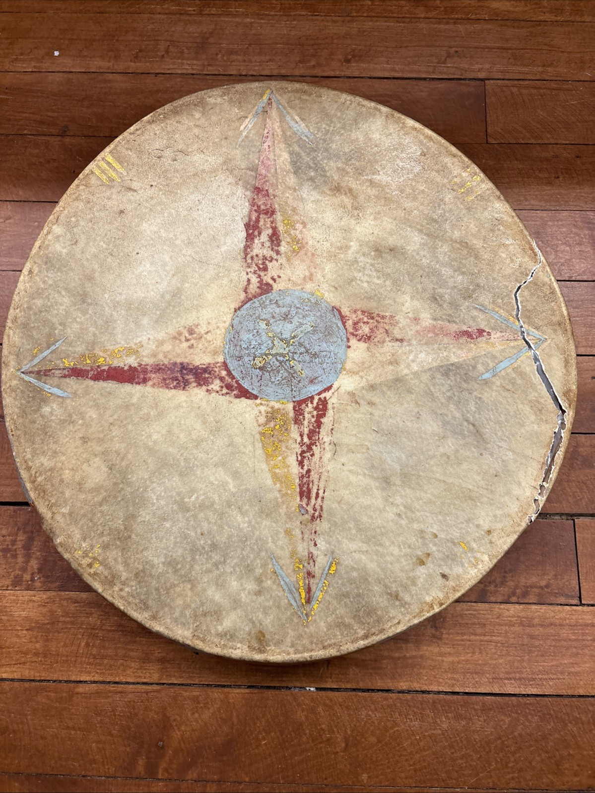 Antique Native American Plains Painted Drum Pictorial Morning Star Painted Drum