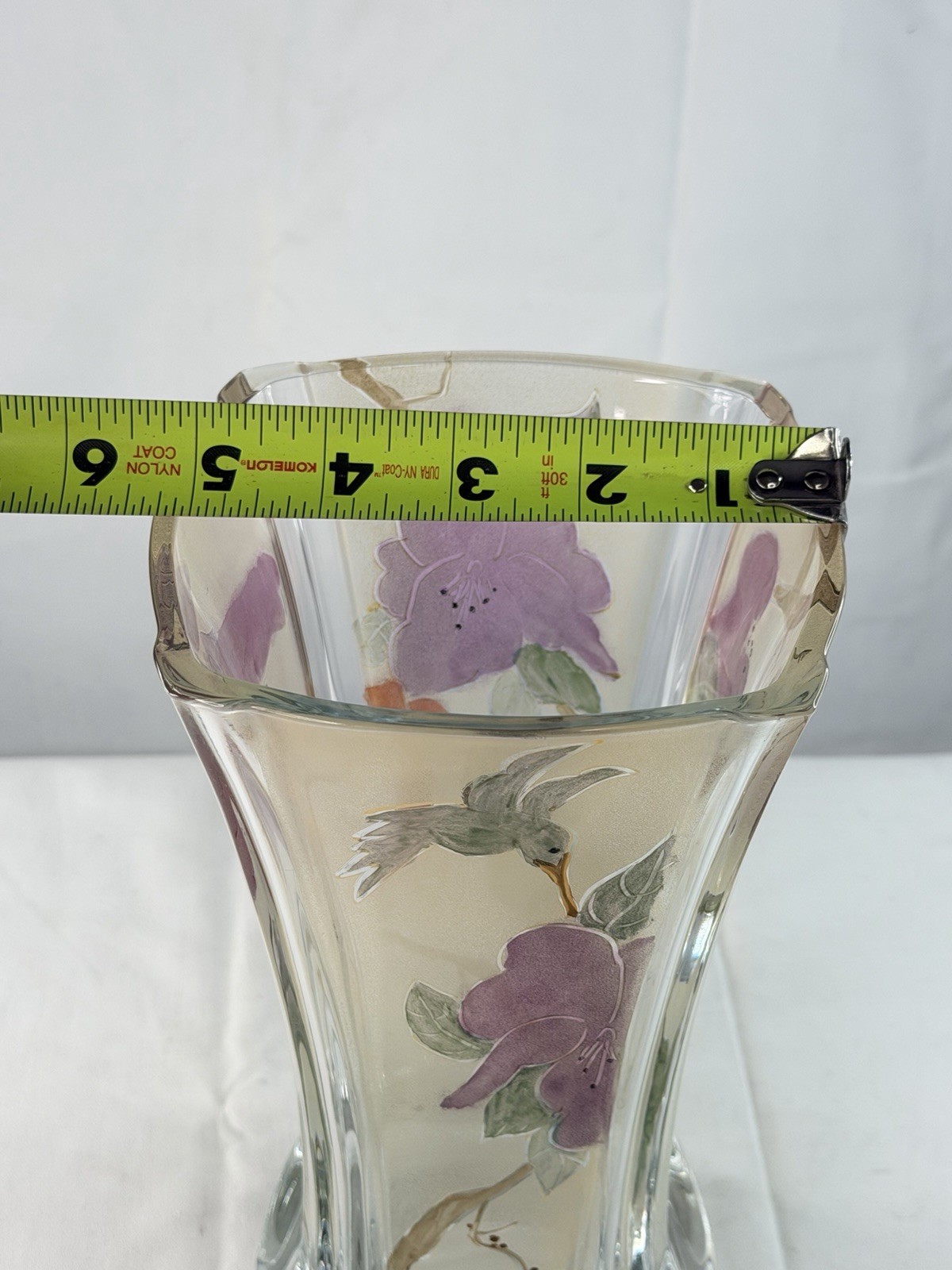 Miki Takachiho Signed Art Glass Vase Hummingbird Purple Floral Hand Painted 10"