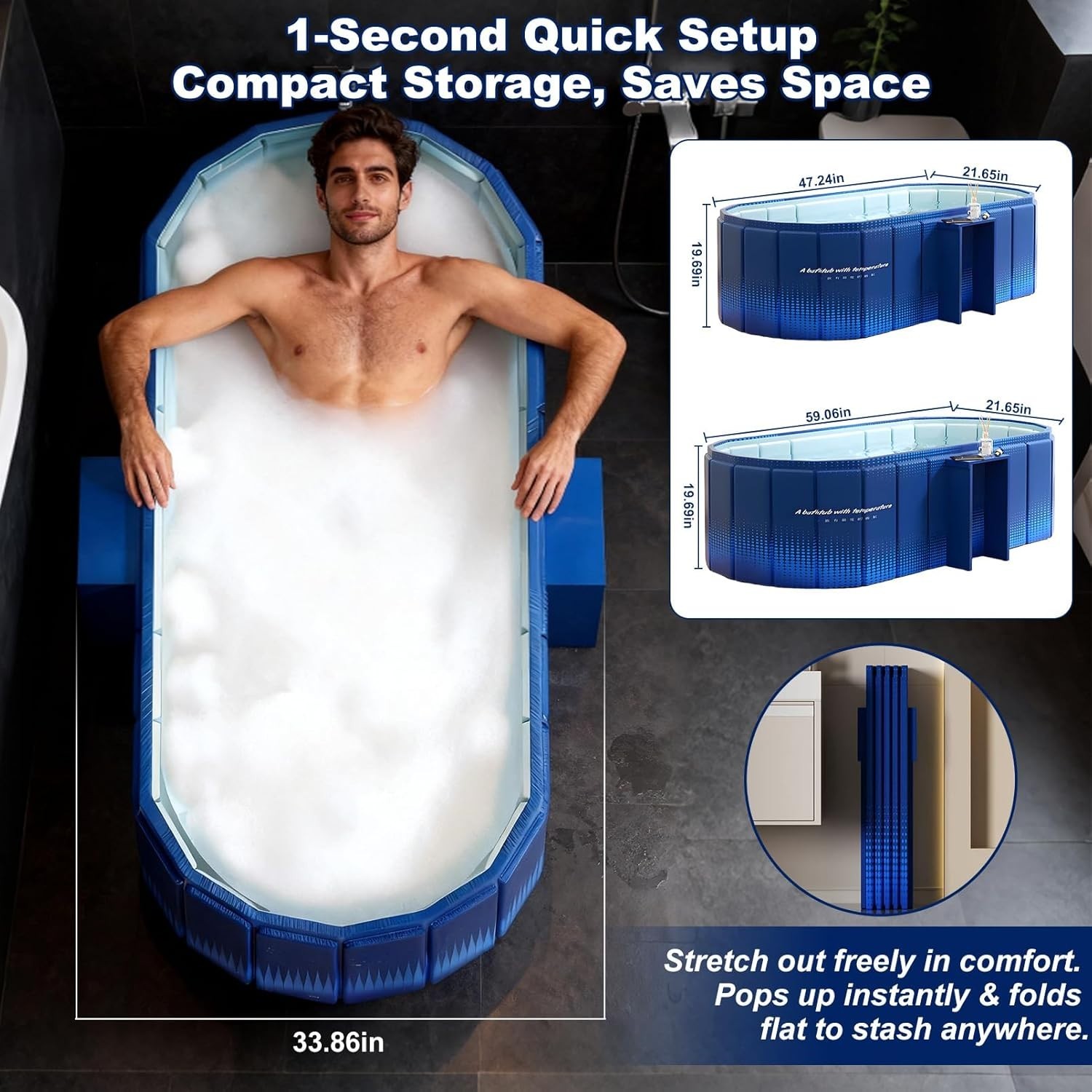 Portable Bathtub for Adult 59" Large Collapsible Cold Plunge Bathtub Foldable No