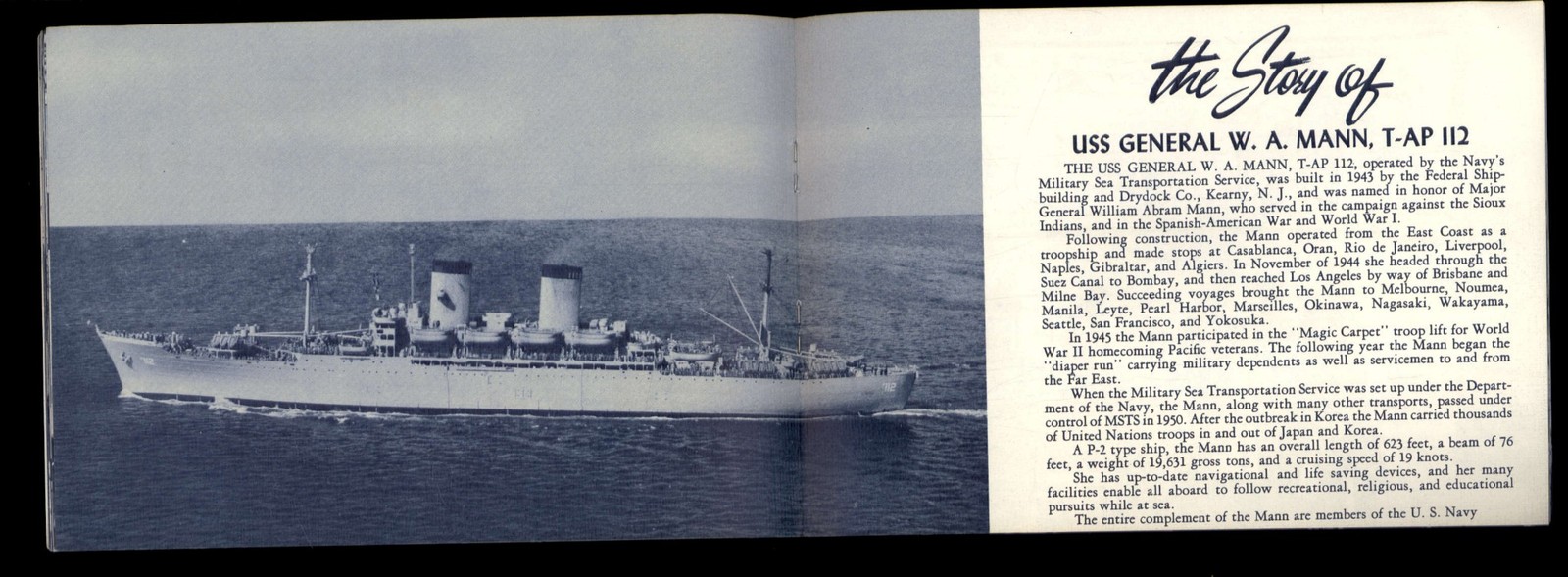USS GENERAL WILLIAM A. MANN T-AP 112- 1952 the SHIP I SAILED ON booklet MAP -