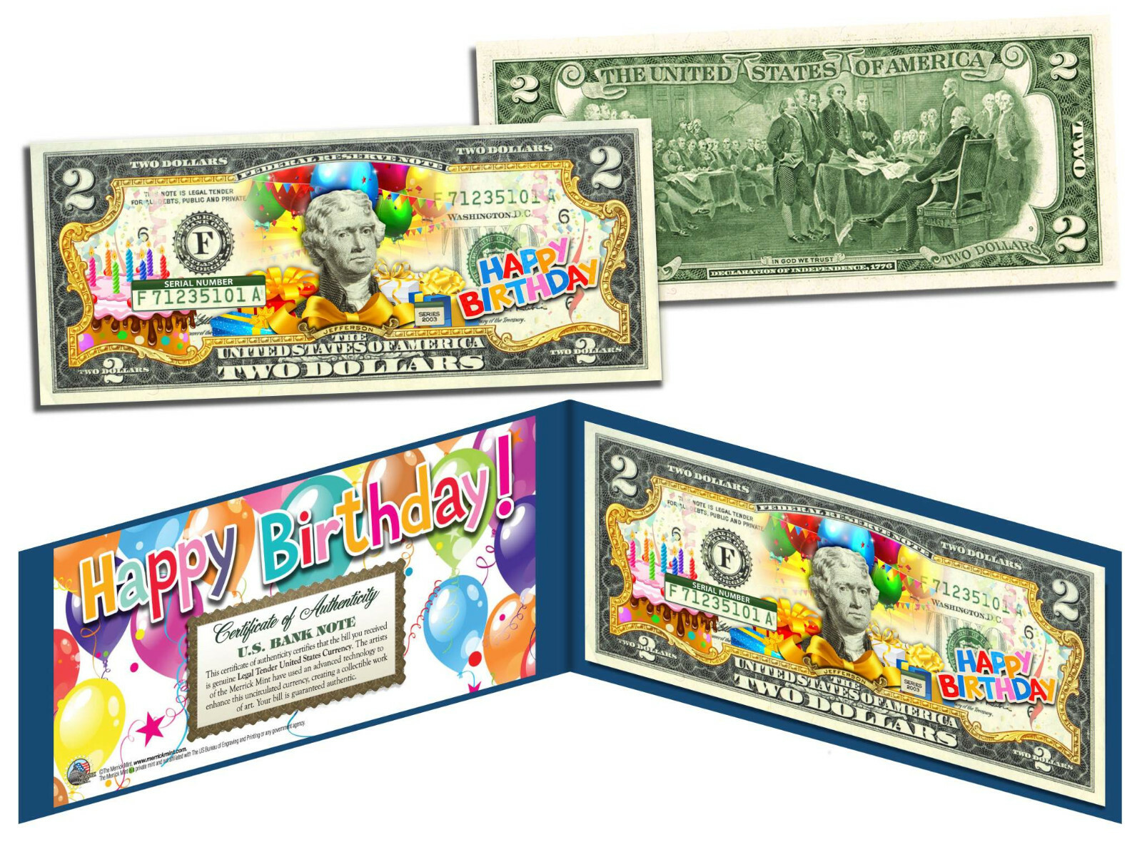 HAPPY BIRTHDAY Colorized Legal Tender Genuine U.S. $2 Bill with Display & COA