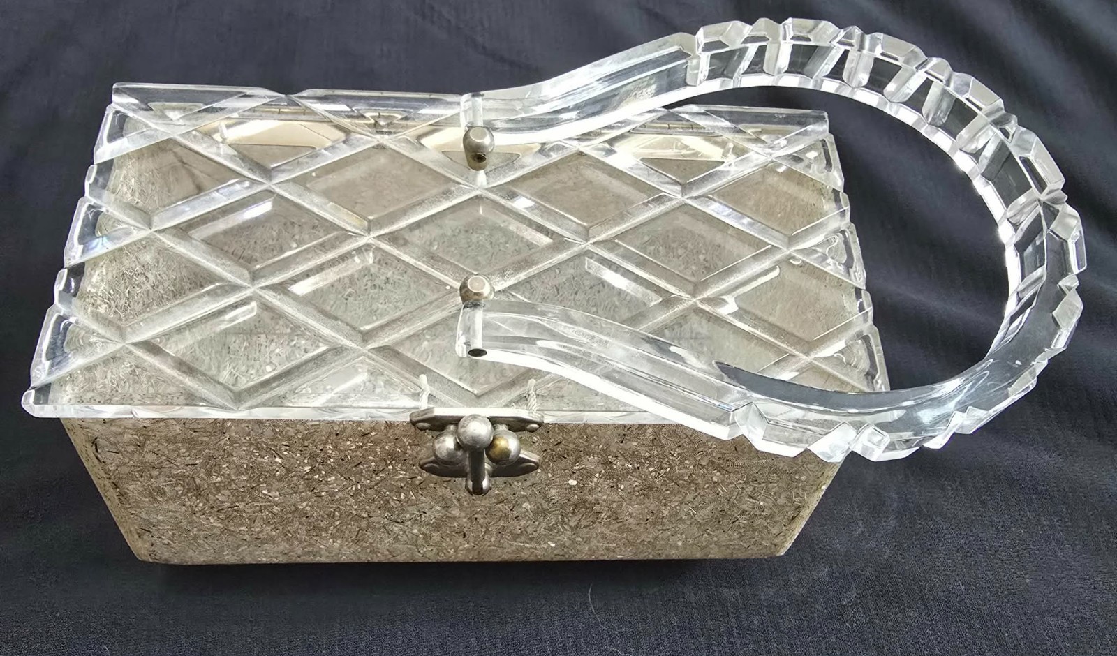 Vintage Charles S. Kahn Lucite Glitter Box Purse 1950s Crystal Cut Top & Handle