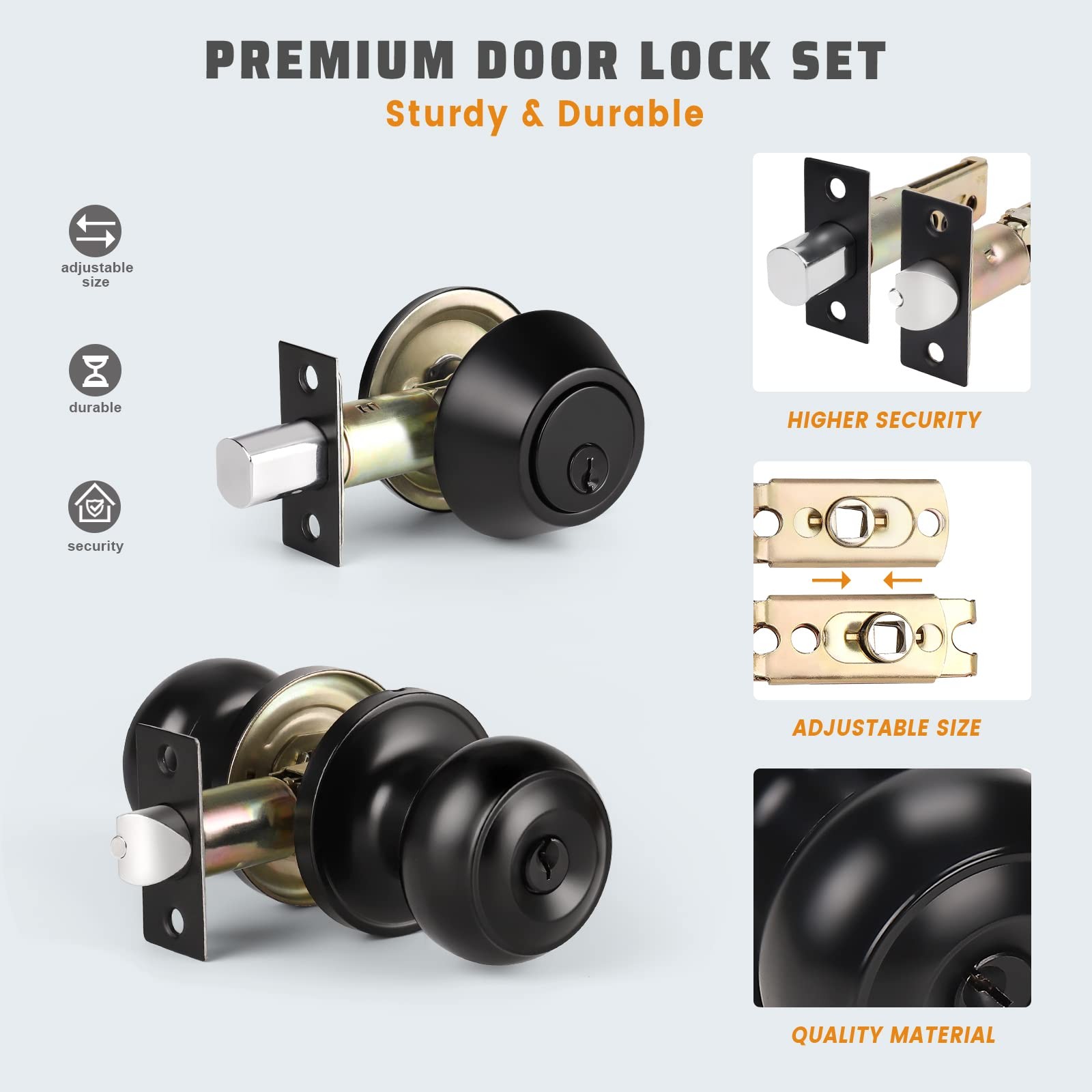 Entry Door Knob Deadbolt Combo Single Cylinder Keyed Alike Matte Black 3 Pack