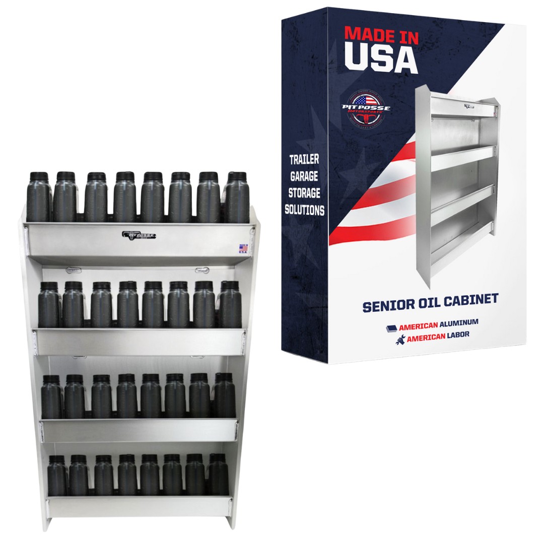 Pit Posse Aluminum Oil Storage Cabinet Shelf Holder Trailer Organizer-USA made
