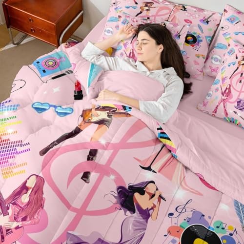 Kids Music Singer Comforter Set with Sheets Size, Rock Music Twin Pink Purple