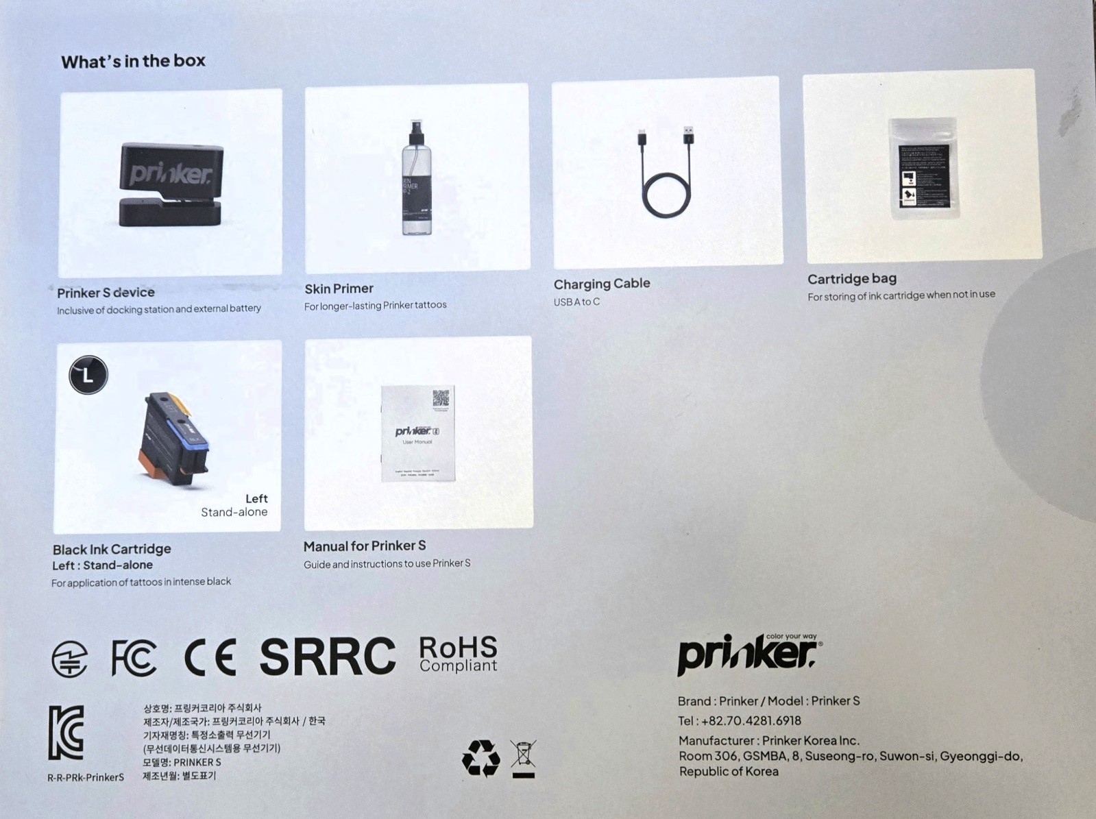 Prinker S Portable Temporary Tattoo Device w/ Color & Black Ink, Skin Primer