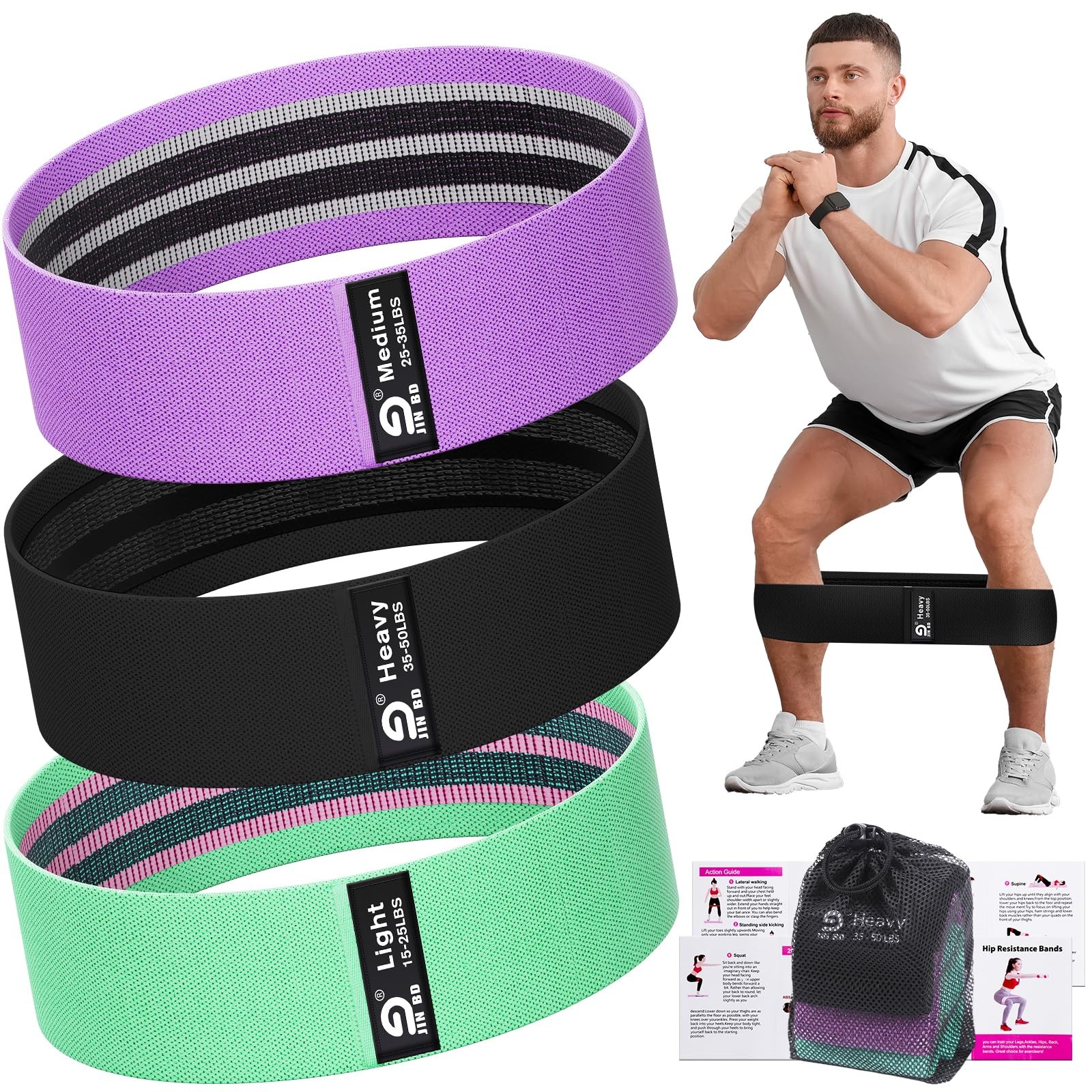 Fabric Resistance Bands Set – Booty Bands for Legs & Glutes, 3 Resistance Lev...